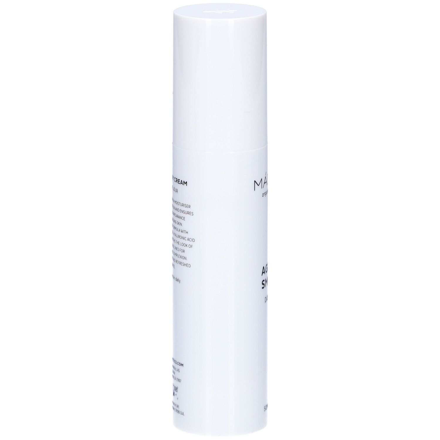 Flacon blanc Madara Age Pro Smooth. Texte sur le côté. Symbole de certification.