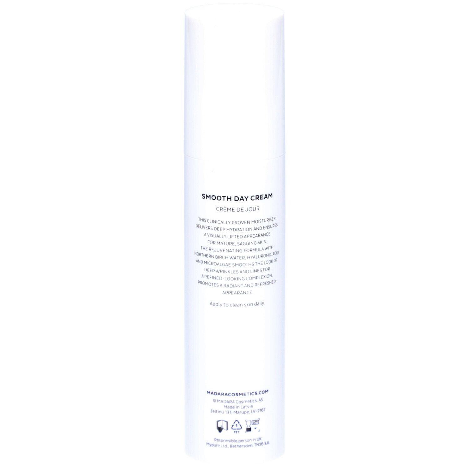 Dos du flacon blanc Madara Age Pro Smooth. Texte avec informations sur le produit.