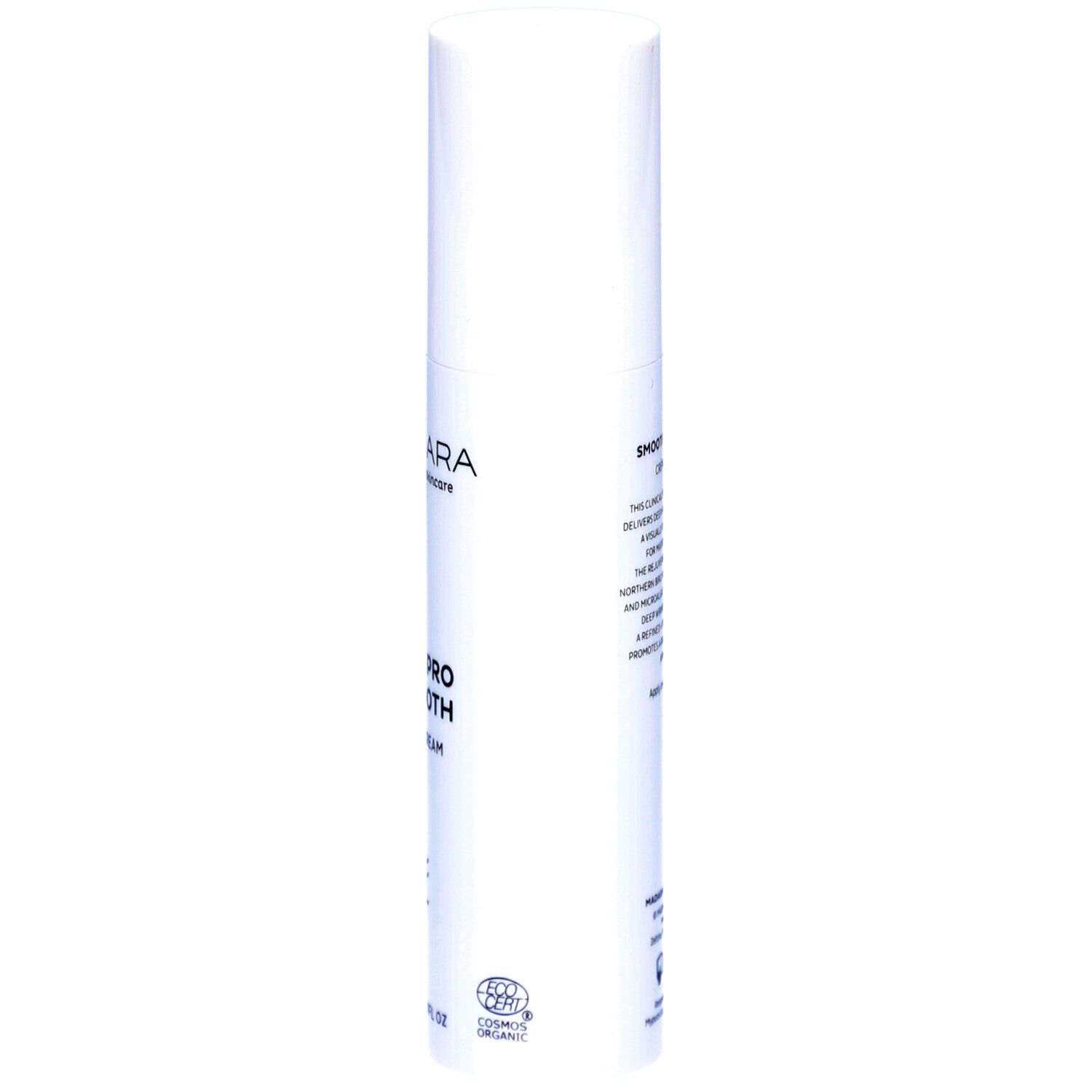 Flacon blanc Madara Age Pro Smooth. Texte: Smooth Day Cream. Symbole de certification.