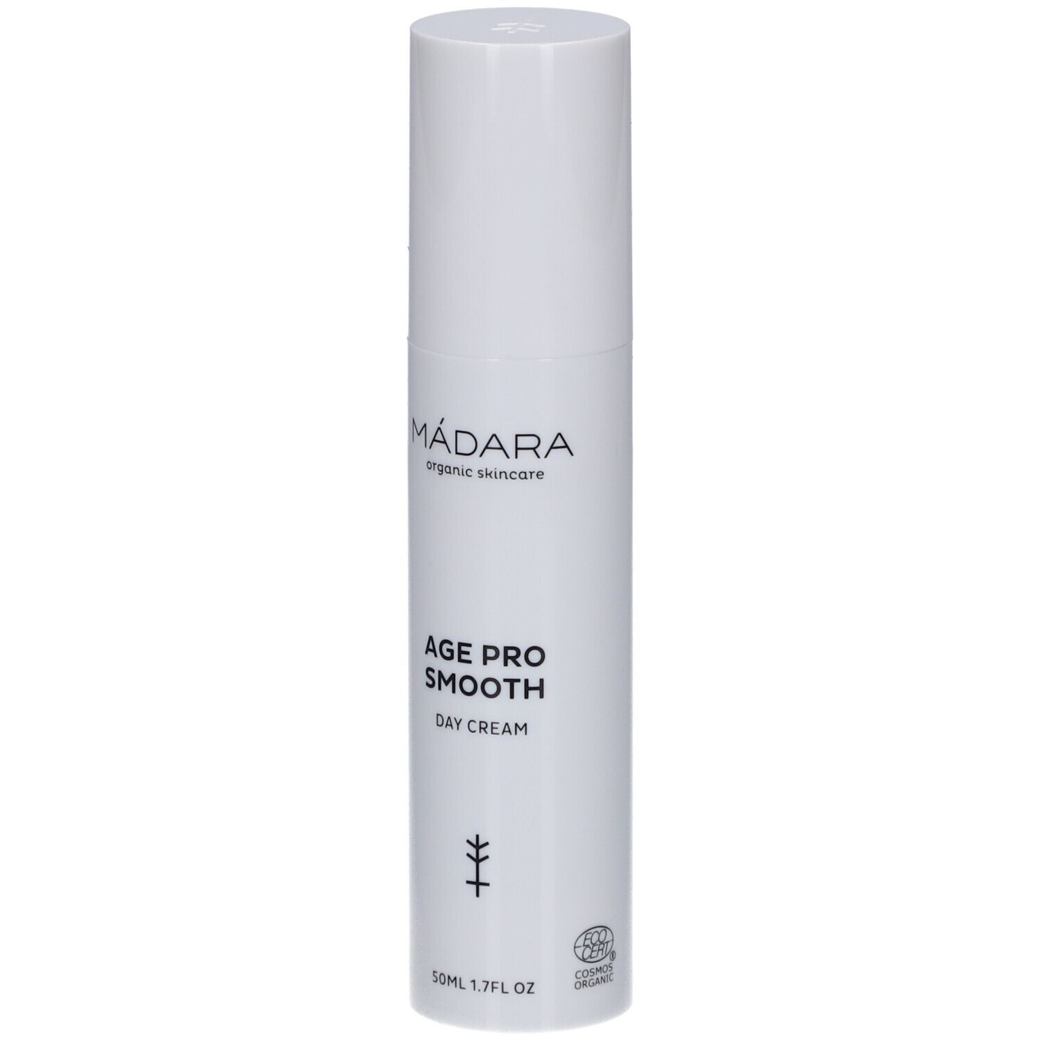 Flacon blanc Madara Age Pro Smooth. Texte: Age Pro Smooth Day Cream. Logo et certification.