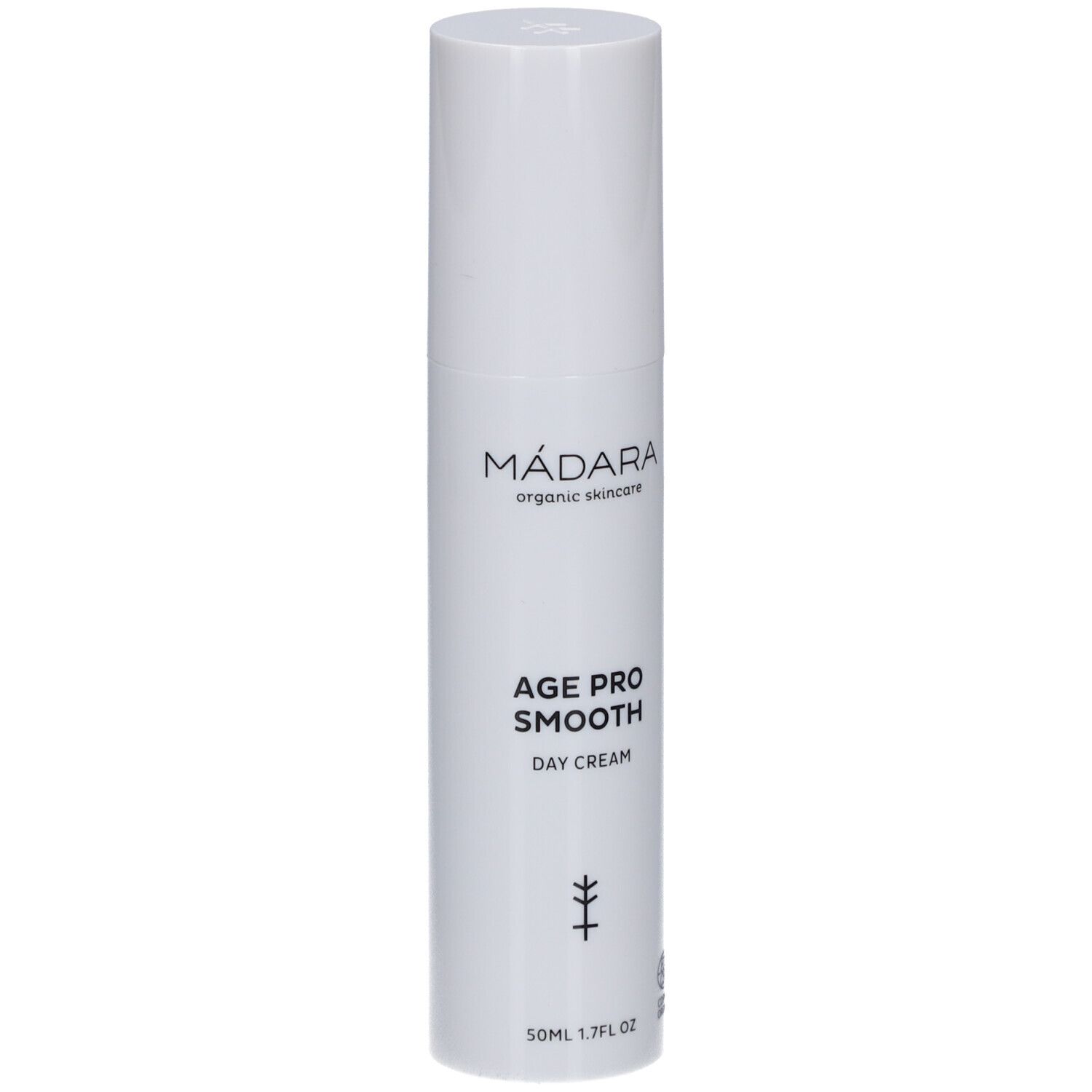 Flacon blanc Madara Age Pro Smooth. Texte: Age Pro Smooth Day Cream. Logo et certification.