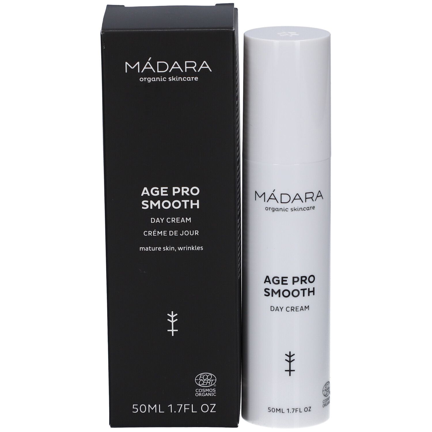 Madara Age Pro Smooth avec emballage noir. Texte: Age Pro Smooth Day Cream. Logo et certification.