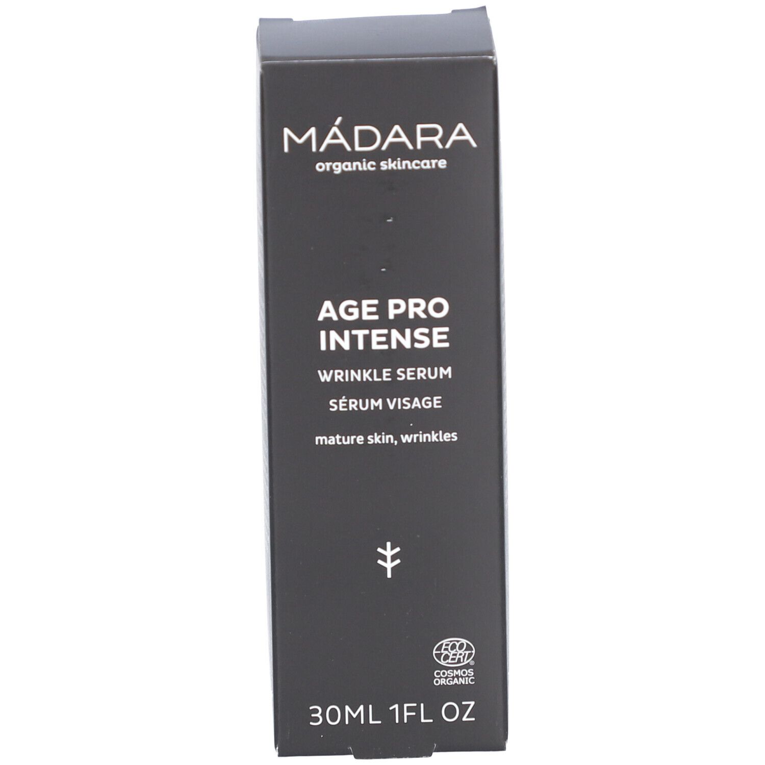 Boîte de sérum. Inscriptions: MÁDARA, AGE PRO INTENSE, WRINKLE SERUM. Avec certification.