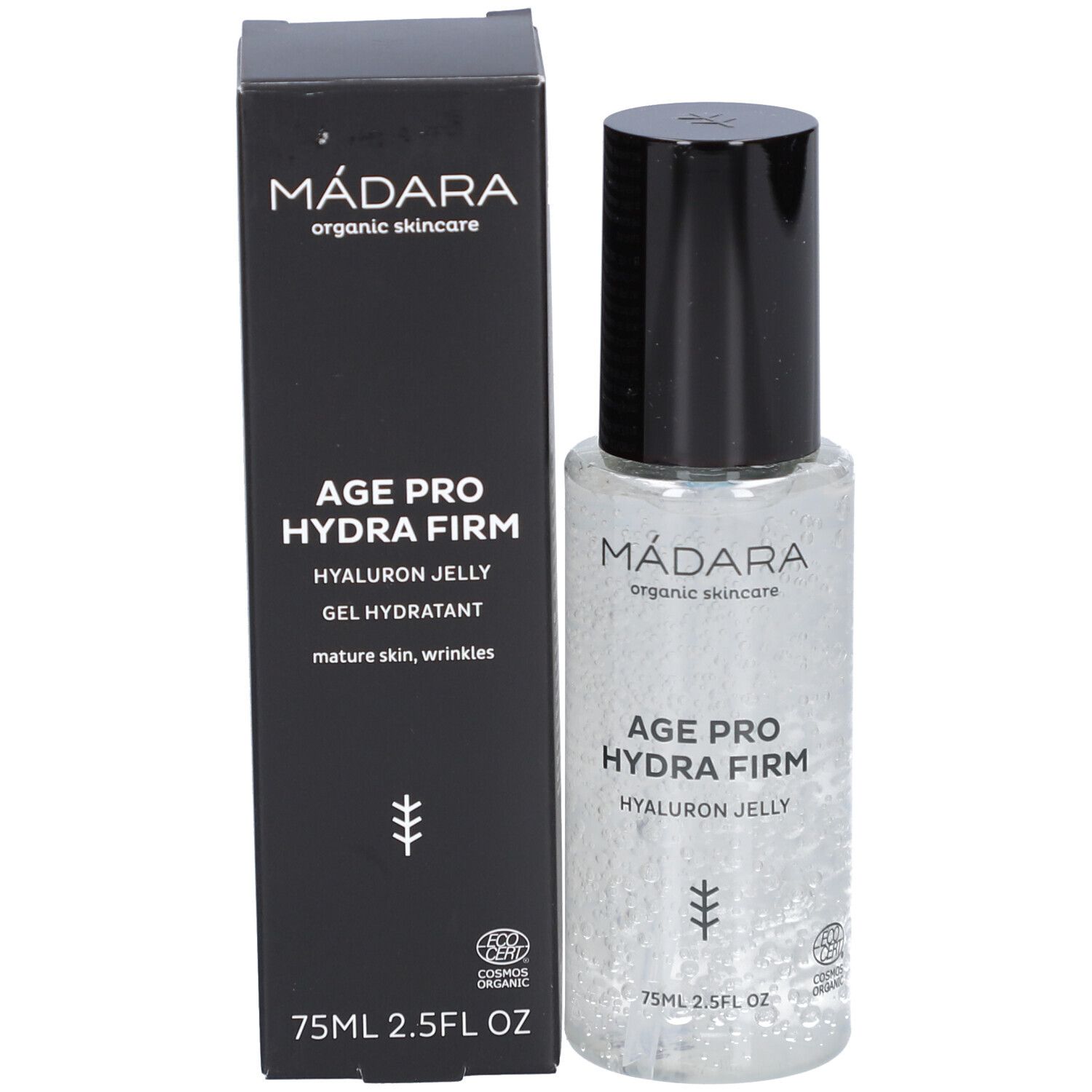 Flacon et emballage du produit. Inscriptions: MÁDARA, AGE PRO HYDRA FIRM, HYALURON JELLY. Label bio.