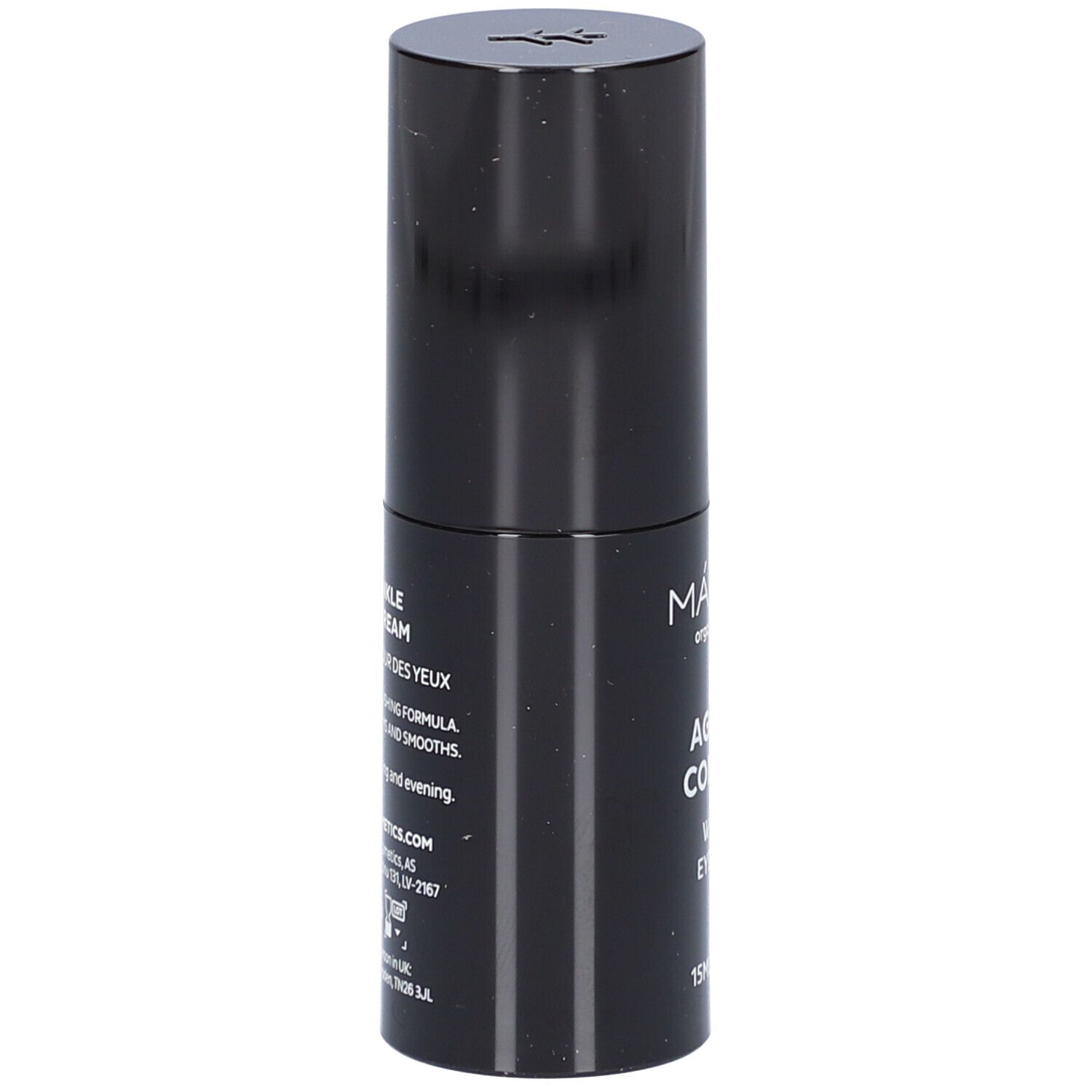 Tube de crème pour les yeux noir. Inscription : MÁDARA, AGE PRO CONTOUR, WRINKLE EYE CREAM. Texte au dos.