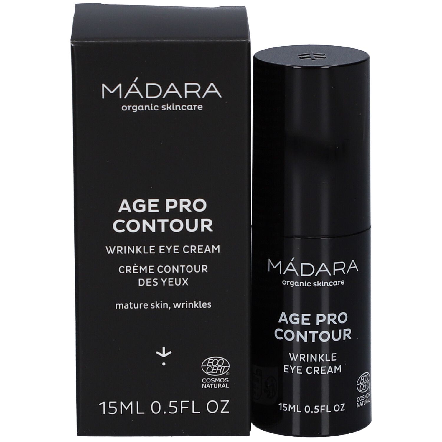 Emballage et tube noirs. Inscription : MÁDARA, AGE PRO CONTOUR, WRINKLE EYE CREAM, 15ml 0.5FL OZ. Certification COSMOS NATURAL.
