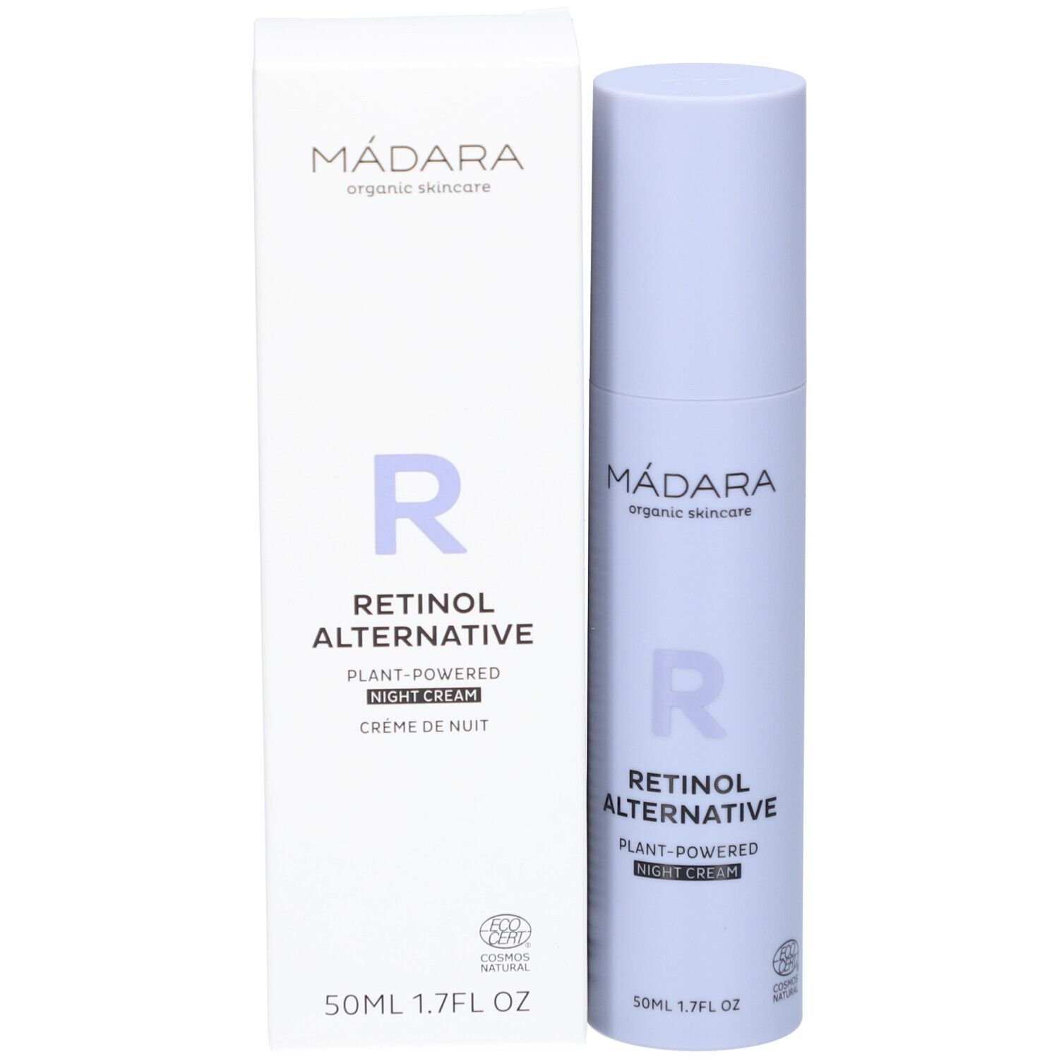 Produit et emballage. Flacon bleu clair et boîte blanche. Inscription : MÁDARA, Retinol Alternative, crème de nuit. Certification bio.
