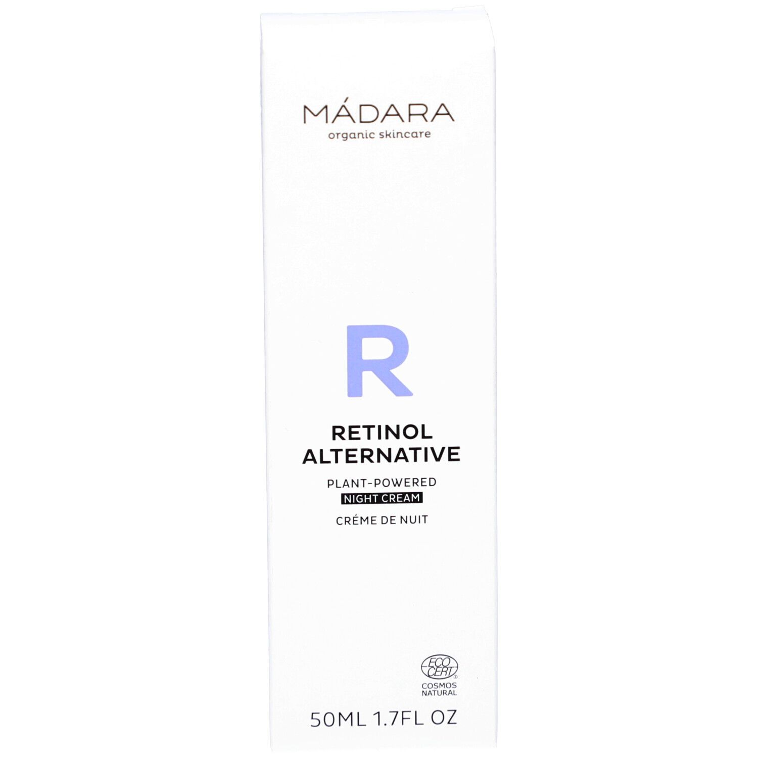 Boîte blanche avec inscription : MÁDARA, Retinol Alternative, crème de nuit. Avec certification bio.