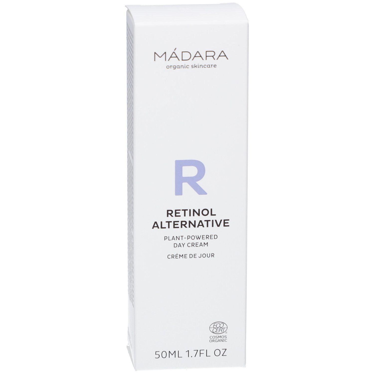Emballage blanc. Texte : MÁDARA, Retinol Alternative, Crème de jour. Logo : R. Certification. Forme carrée.