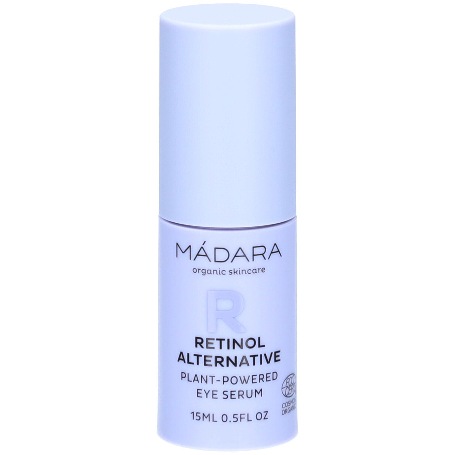 Flacon de sérum pour les yeux bleu clair avec bouchon blanc. Inscription : MÁDARA, Retinol Alternative, 15ml, COSMOS ORGANIC.