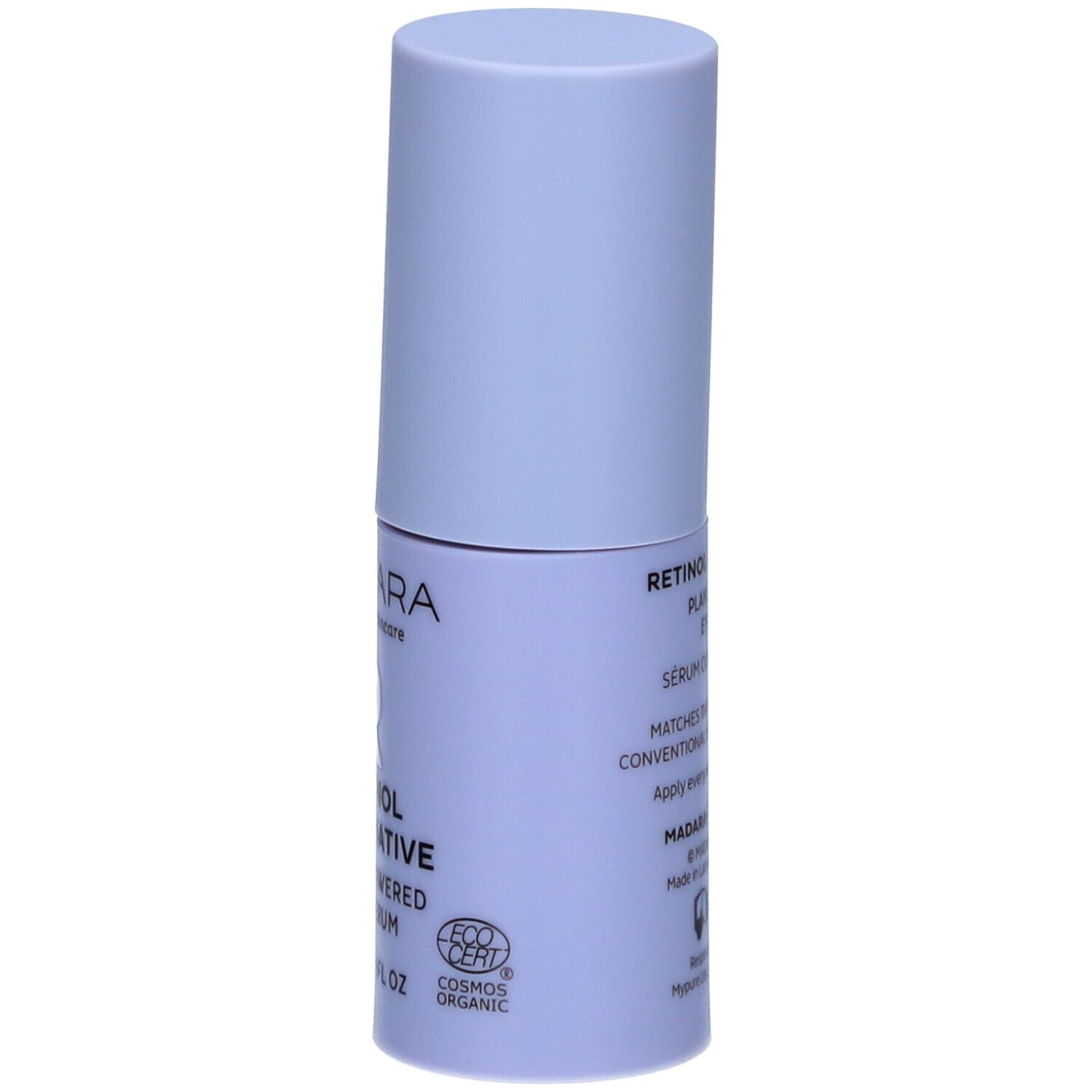 Flacon de sérum pour les yeux bleu clair. Inscription : MÁDARA, Retinol Alternative, Plant-Powered Eye Serum, COSMOS ORGANIC, 15ml.