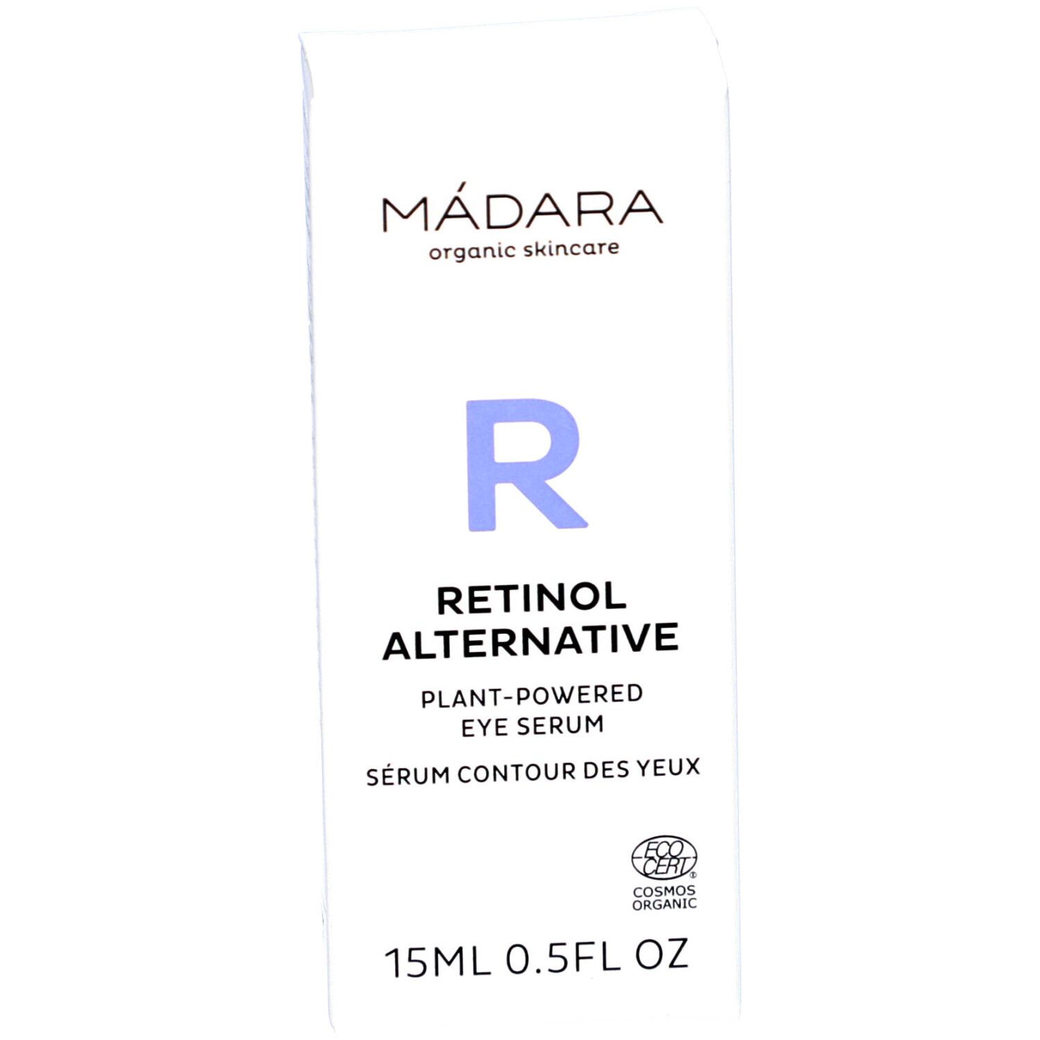 Emballage du sérum pour les yeux. Inscription : MÁDARA, Retinol Alternative, Plant-Powered Eye Serum, 15ml, COSMOS ORGANIC.