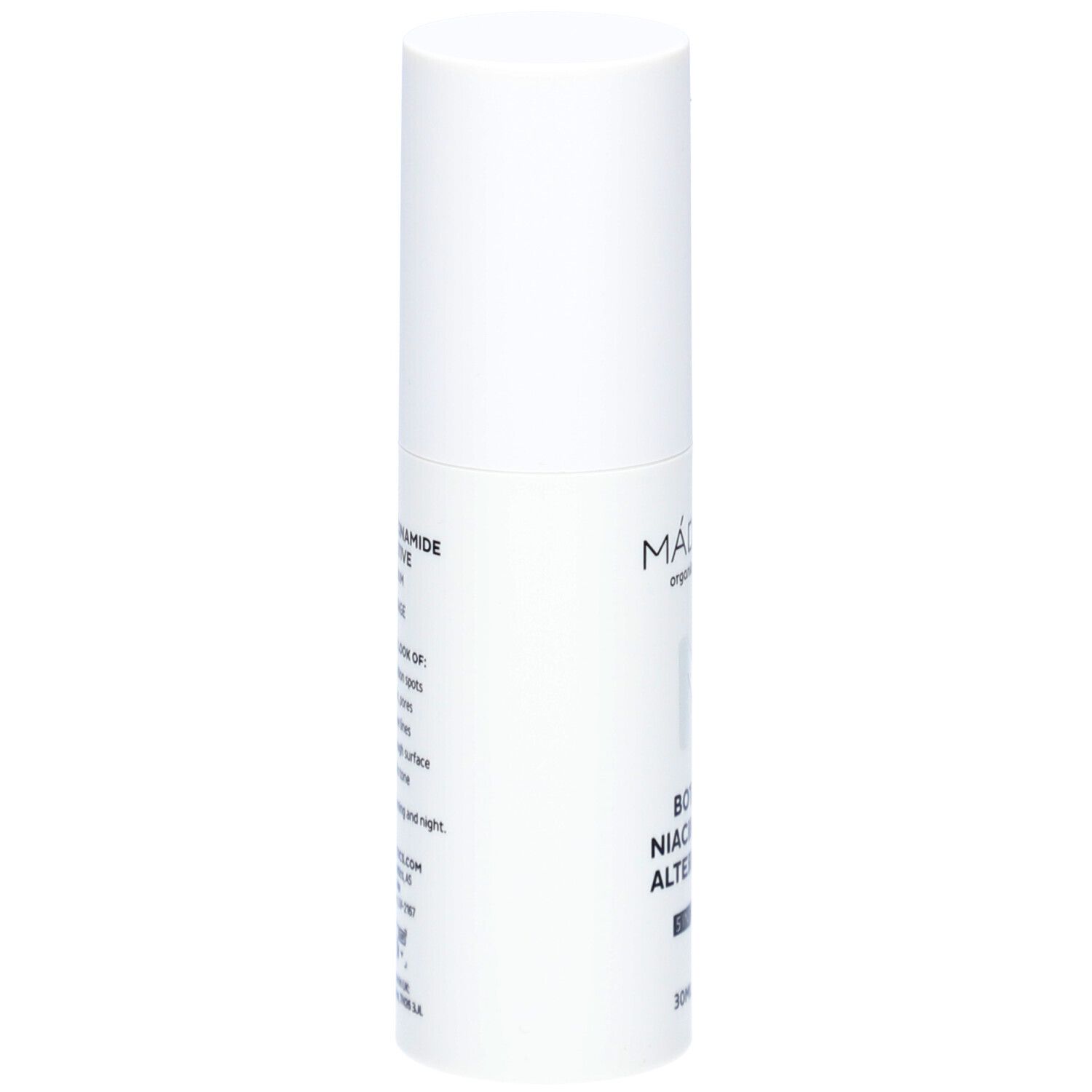 Flacon blanc avec informations produit. Texte: Botanic Niacinamide Alternative 5-in-1 Serum. Informations fabricant.