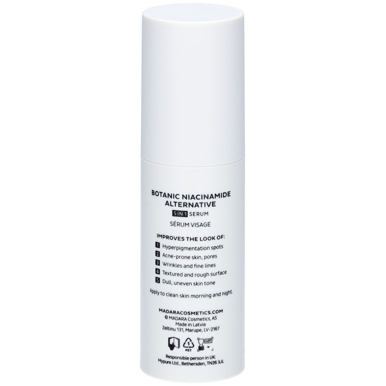 Flacon blanc avec informations produit. Texte: Botanic Niacinamide Alternative 5-in-1 Serum. Informations fabricant et certification.