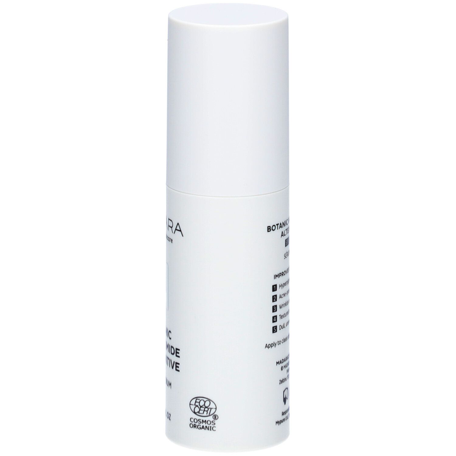Flacon blanc avec texte: MÁDARA, Botanic Niacinamide Alternative 5-in-1 Serum. Certification cosmétique visible.
