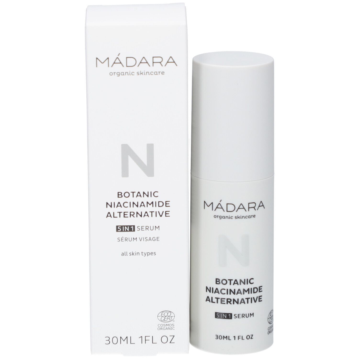 Emballage et flacon. Emballage avec texte: MÁDARA, Botanic Niacinamide Alternative 5-in-1 Serum. Certification.