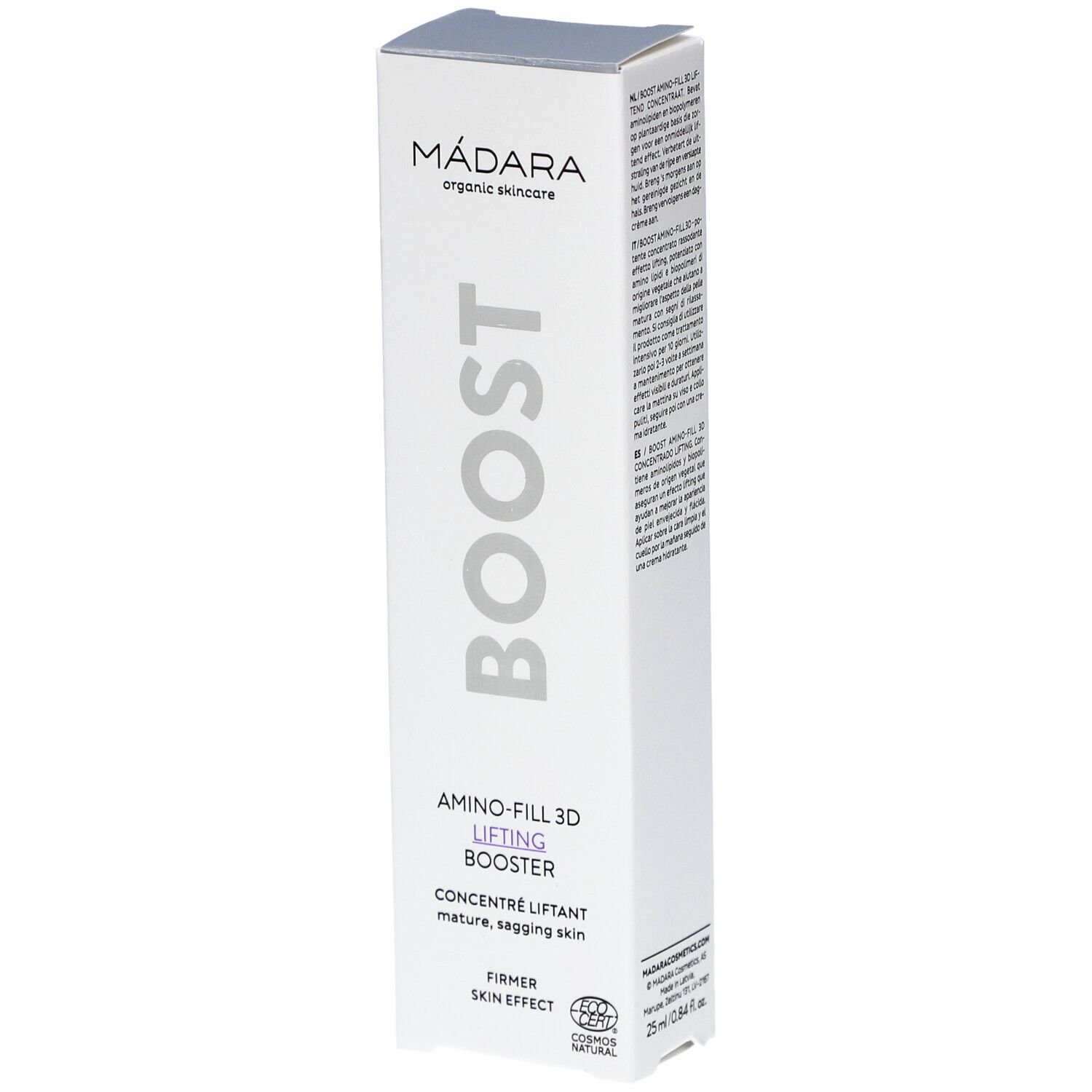 Boîte blanche avec BOOST et AMINO-FILL 3D LIFTING BOOSTER. Marque MÁDARA organic skincare. Certification COSMOS NATURAL visible.