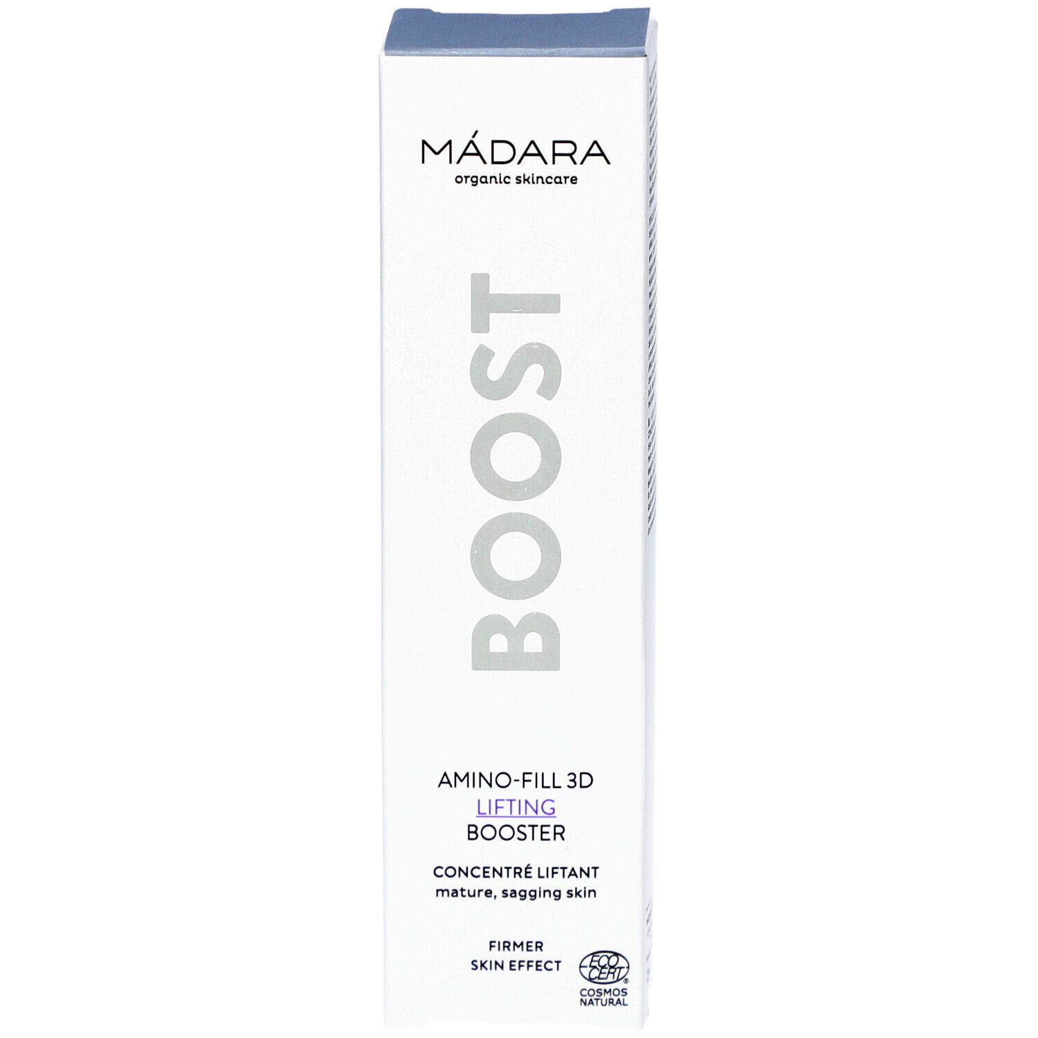 Boîte blanche avec BOOST et AMINO-FILL 3D LIFTING BOOSTER. Marque MÁDARA organic skincare. Certification COSMOS NATURAL visible.