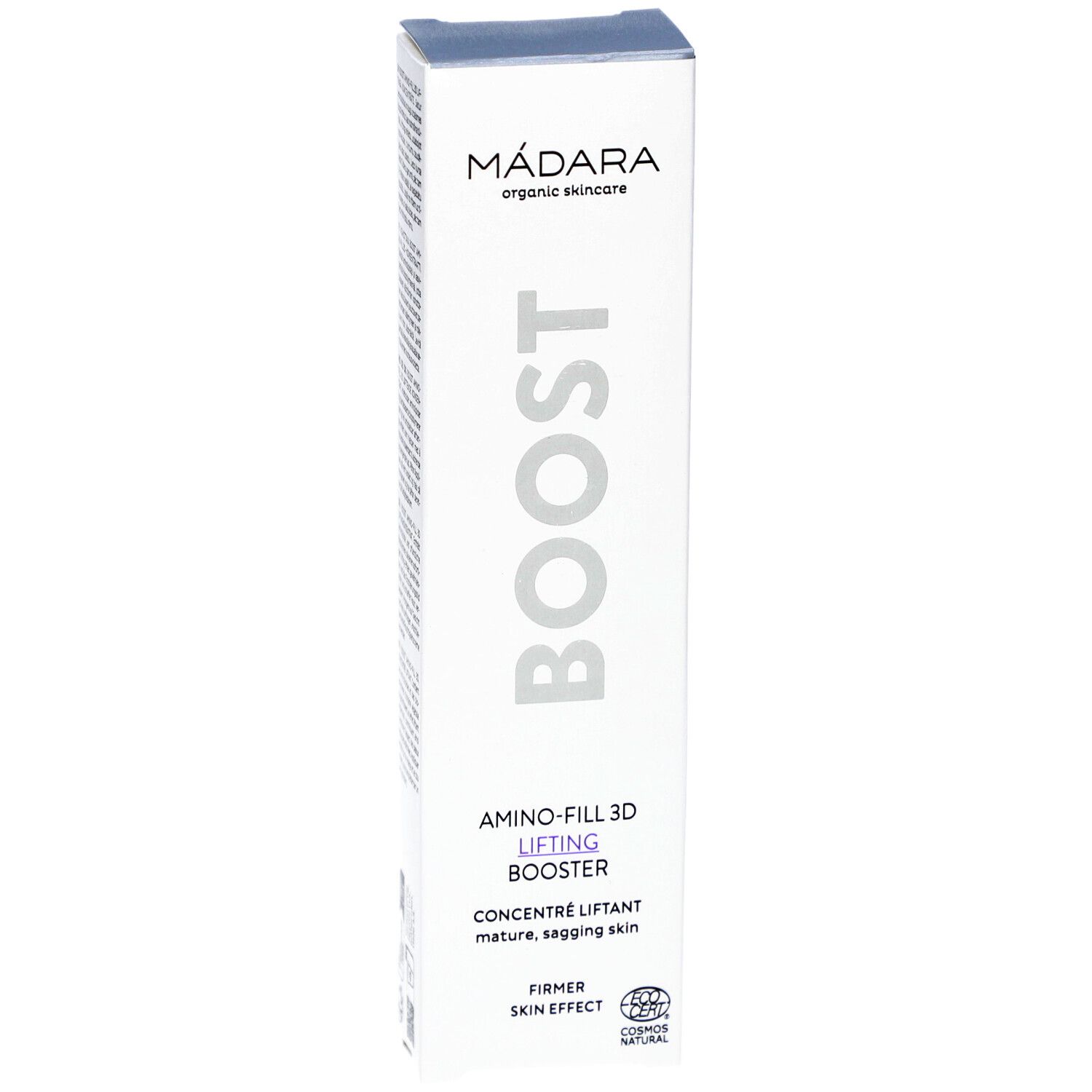 Boîte blanche avec BOOST et AMINO-FILL 3D LIFTING BOOSTER. Marque MÁDARA organic skincare. Certification COSMOS NATURAL visible.