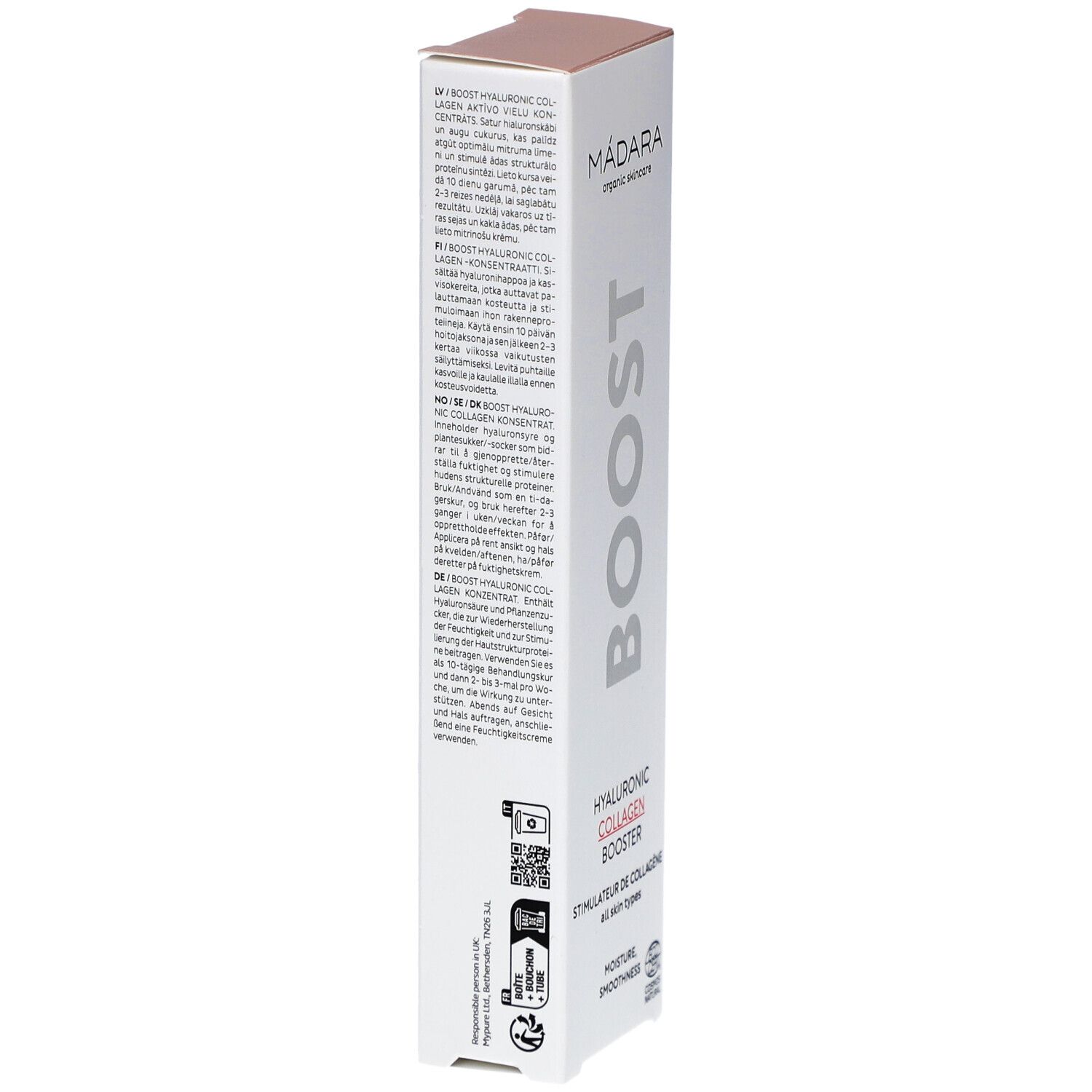 Emballage blanc avec informations produit. Marque: Mádara. Texte multilingue. Contient un code QR et la certification COSMOS NATURAL.