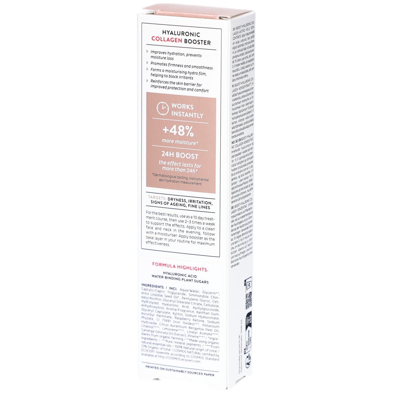 Emballage blanc avec informations produit. Contient texte sur hydratation et douceur. Ingrédients et mode d'action.