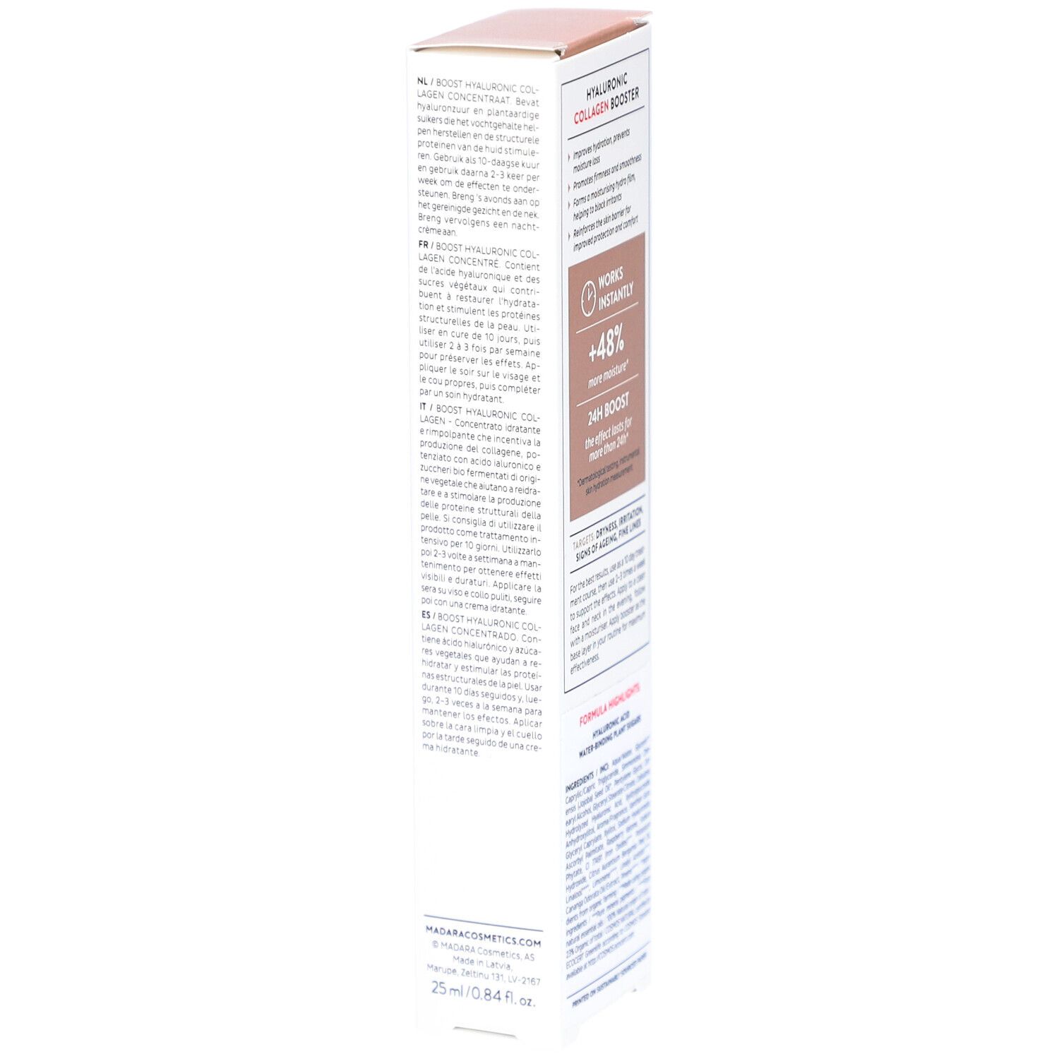 Emballage blanc avec informations produit. Contient texte sur hydratation et douceur. Ingrédients et mode d'action.
