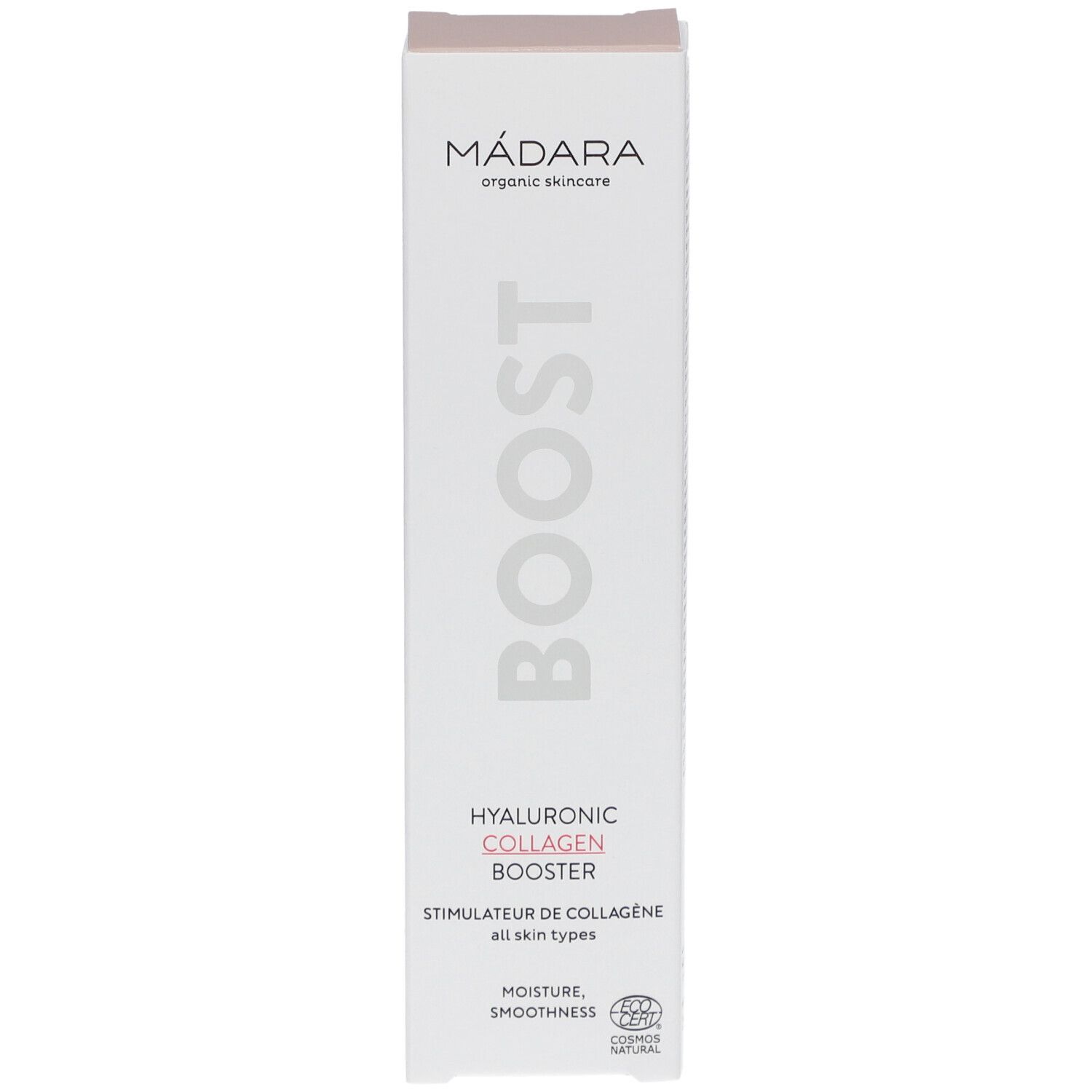 Emballage blanc avec BOOST et Hyaluronic Collagen Booster. Marque: Mádara. Contient la certification COSMOS NATURAL.