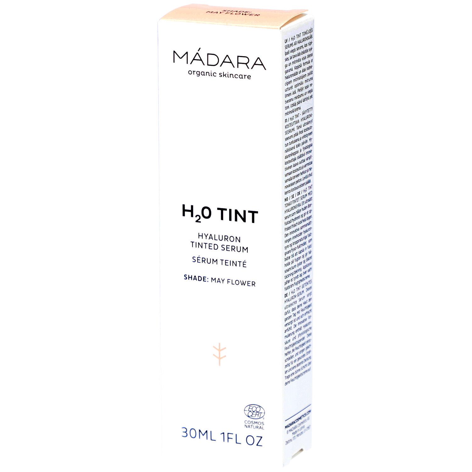 Emballage blanc Madara H2O Tint Hyaluron-Serum. Inscription du nom du produit et logo. 30ml, 1FL OZ. Shade: May Flower.