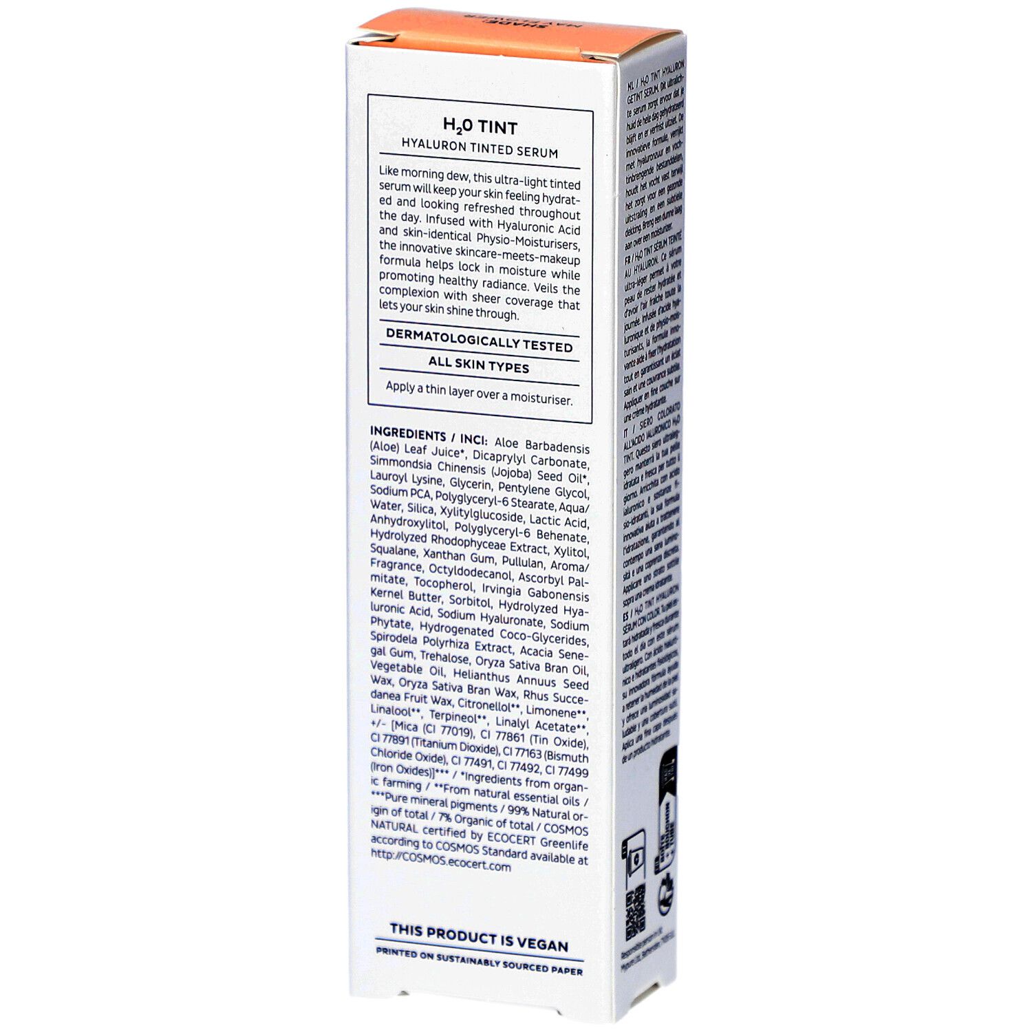 Dos de l'emballage Madara H2O Tint Hyaluron-Serum. Ingrédients, texte. Certification végétalienne. Pour tous types de peau.