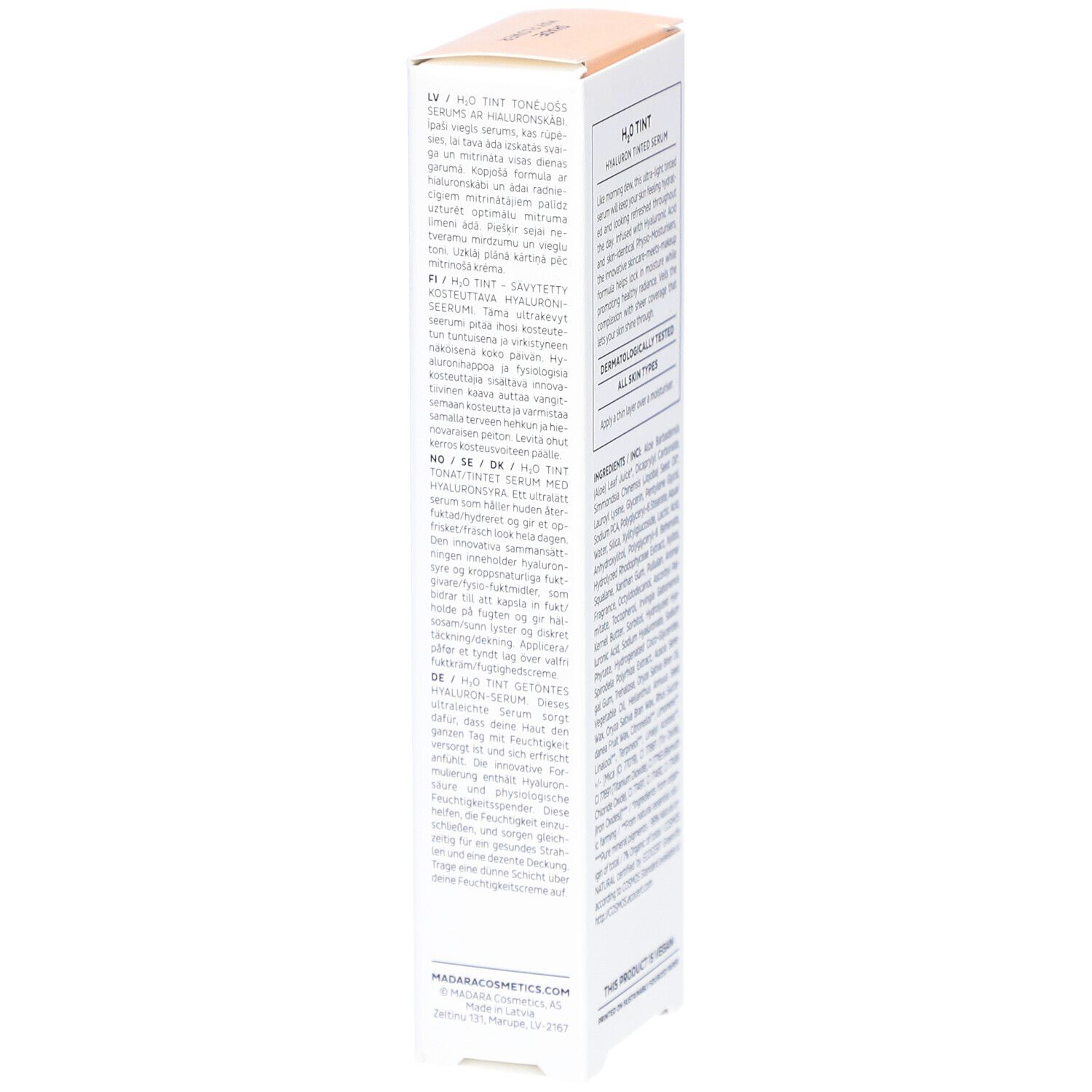 Côté de l'emballage Madara H2O Tint Hyaluron-Serum. Texte multilingue. MadaraCosmetics.com.