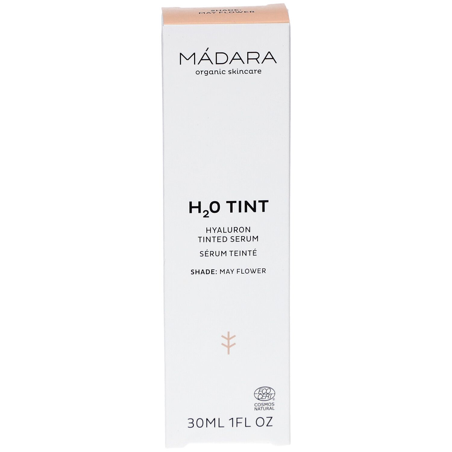 Emballage Madara H2O Tint Hyaluron-Serum. Nom du produit et logo. 30ml, 1FL OZ. Shade: May Flower. Certification CO2.