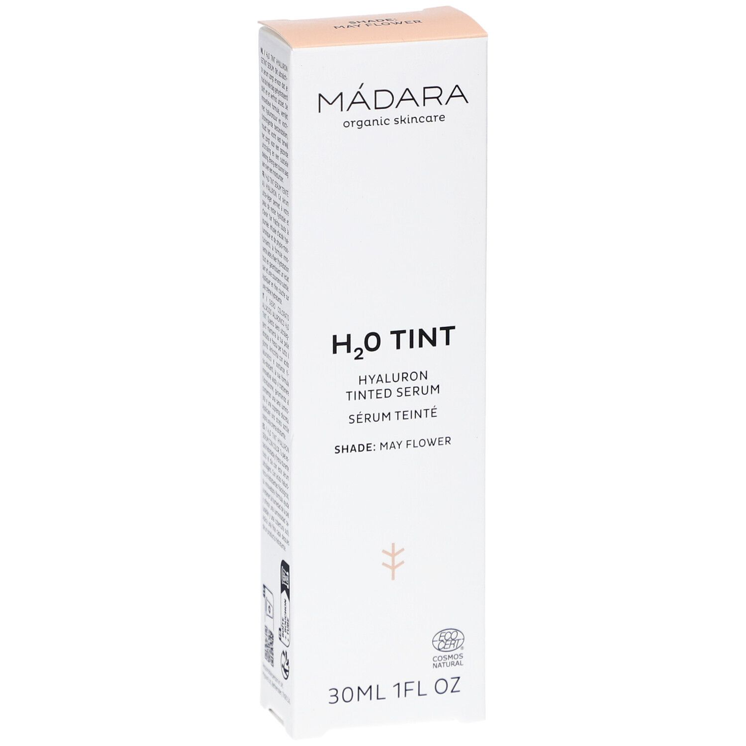 Emballage Madara H2O Tint Hyaluron-Serum. Nom du produit et logo. 30ml, 1FL OZ. Shade: May Flower. Certification CO2.