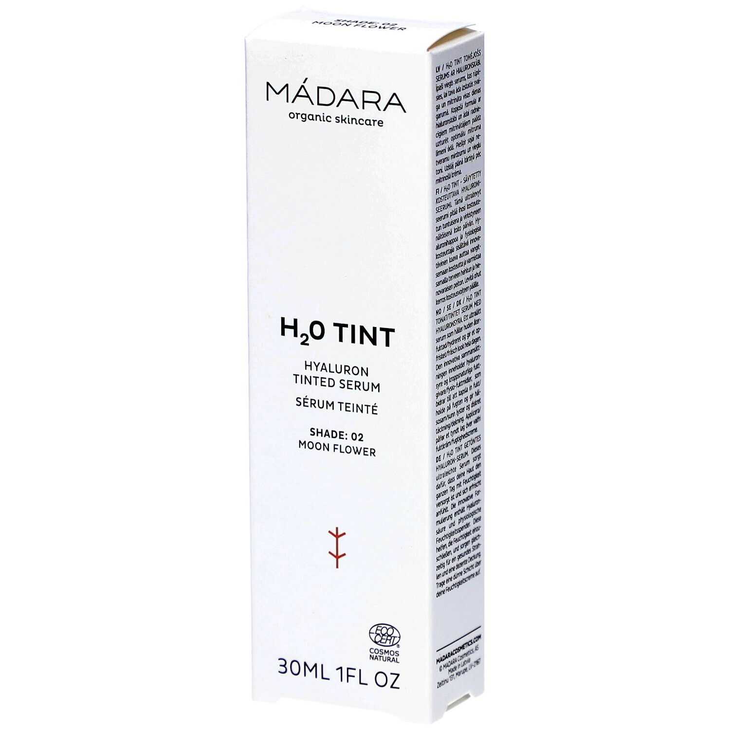 Emballage blanc avec informations produit. Haut: MÁDARA organic skincare. Milieu: H2O TINT Sérum Teinté Hyaluron. Bas: 30ml 1FL OZ.