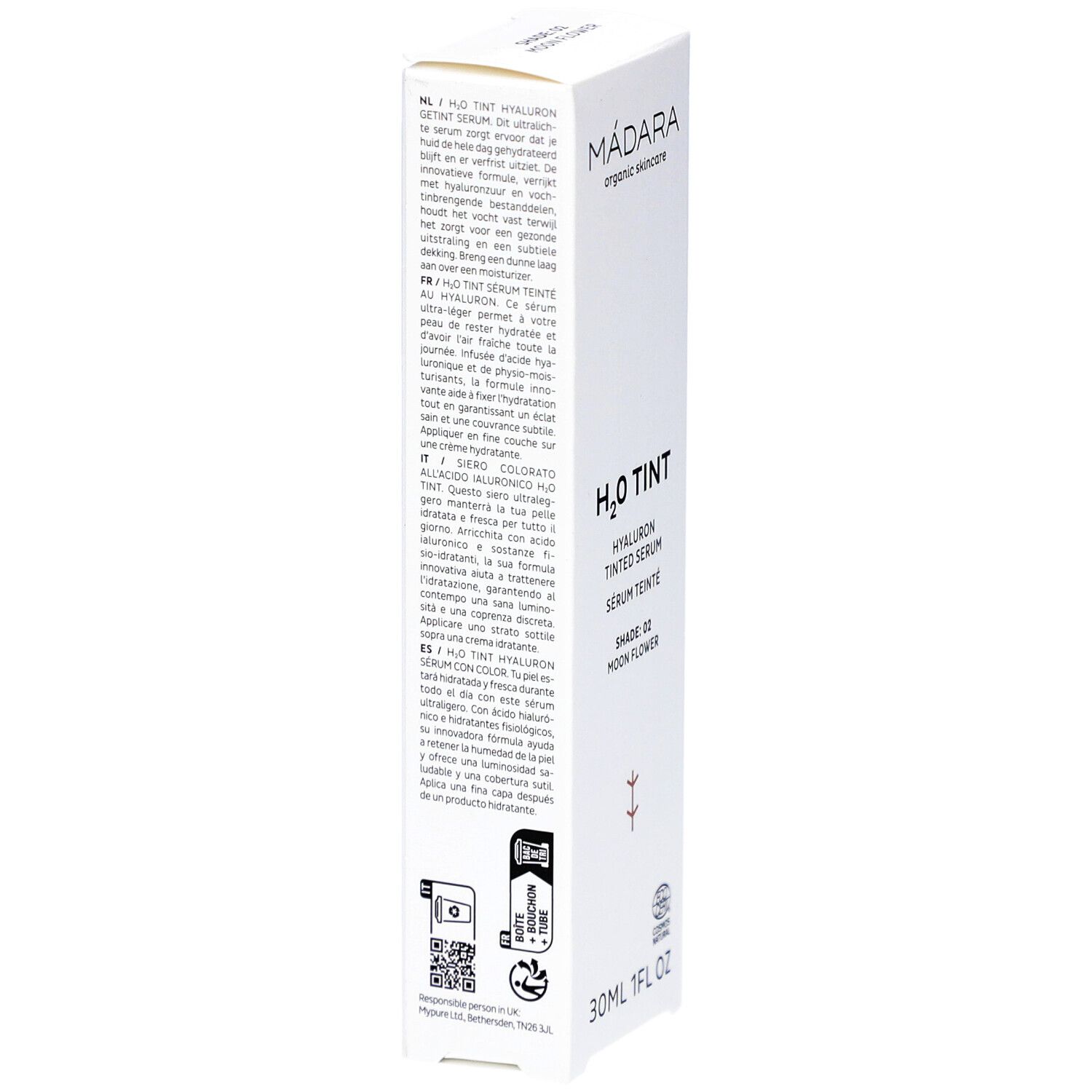 Emballage blanc, vue latérale. Texte en plusieurs langues. Bas: Code QR et logos. Bas: 30ml 1FL OZ.