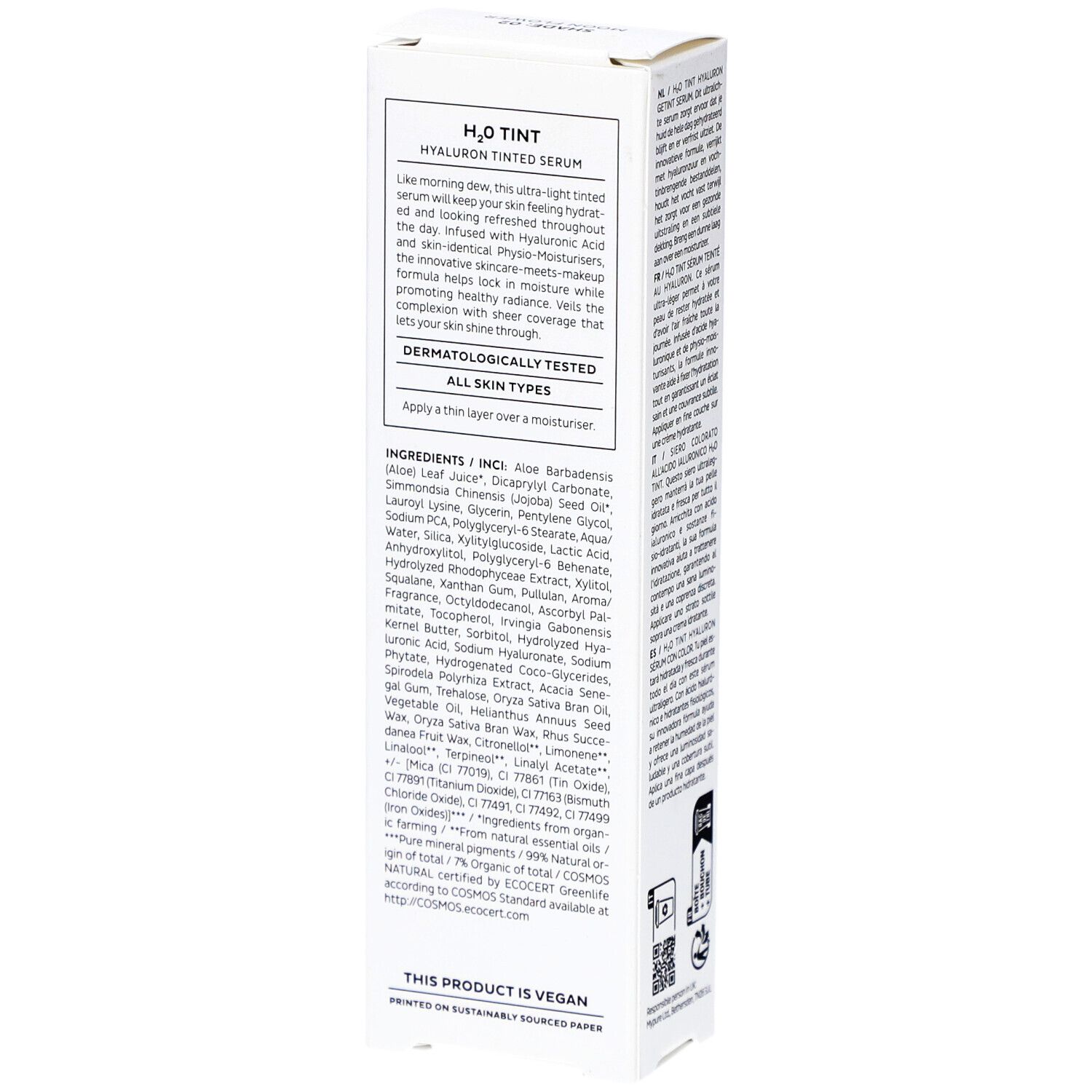 Dos de l'emballage blanc. Texte avec ingrédients et informations produit. Bas: Logo végan et certification papier.