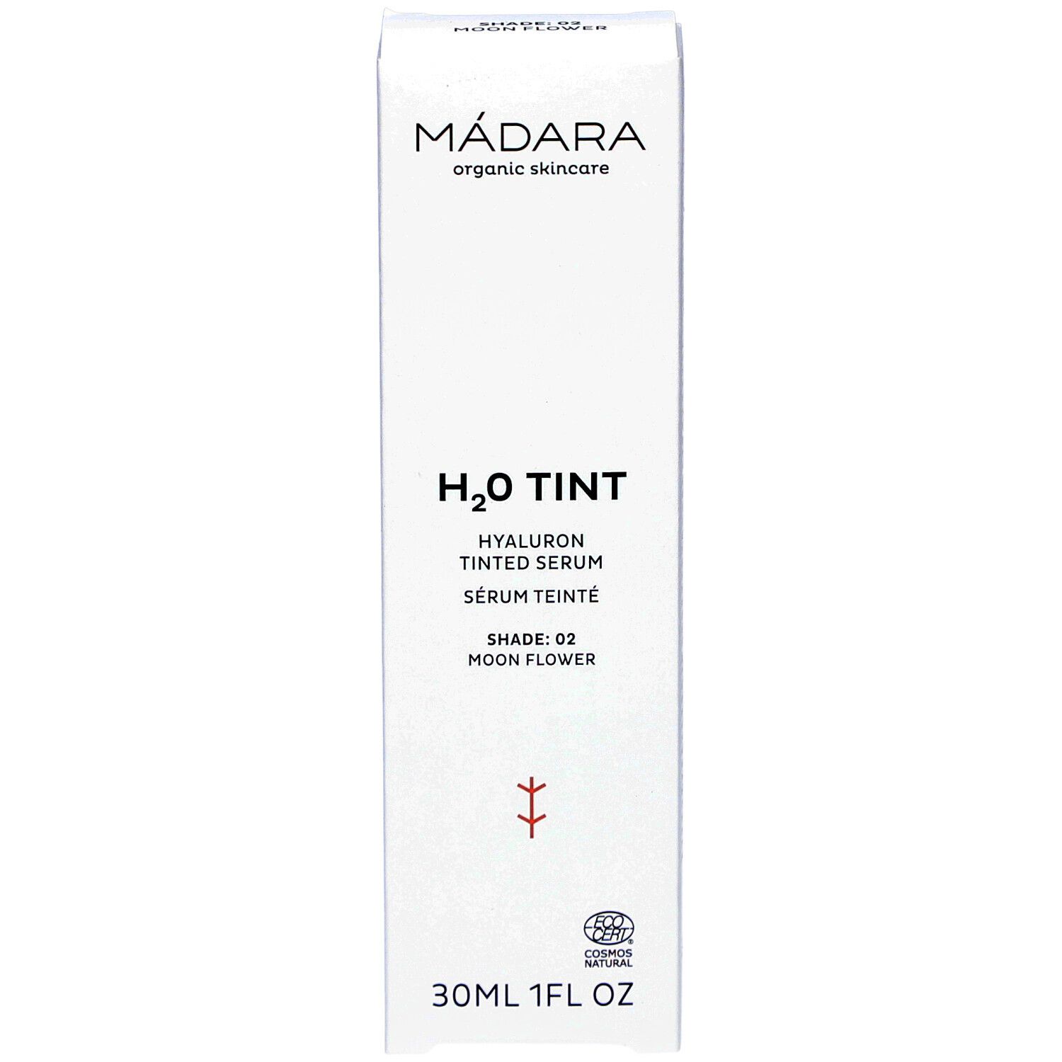 Emballage blanc avec informations produit. Haut: MÁDARA organic skincare. Milieu: H2O TINT Sérum Teinté Hyaluron. Bas: 30ml 1FL OZ.