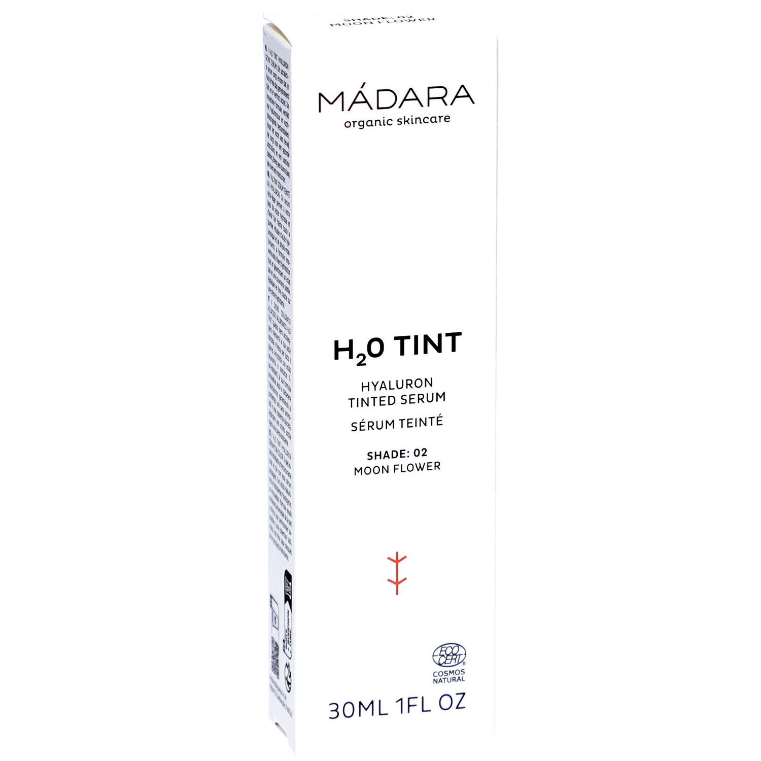 Emballage blanc, vue latérale. Haut: MÁDARA organic skincare. Milieu: H2O TINT Sérum Teinté Hyaluron. Bas: 30ml 1FL OZ.