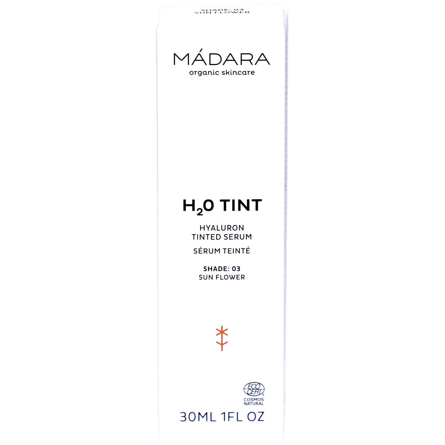 Emballage blanc avec texte. Marque : MÁDARA. Produit : H2O TINT Hyaluron Tinted Serum. Teinte : 03 Sun Flower. 30ml/1FL OZ. Logo.