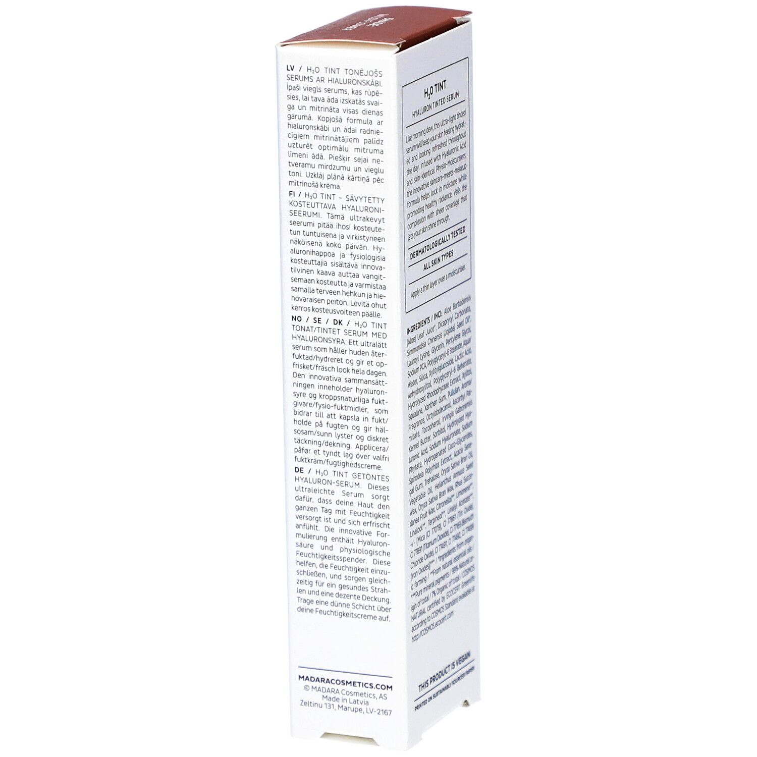 Boîte blanche, vue latérale. Texte en plusieurs langues. Impression : H2O TINT, Sérum teinté à l'acide hyaluronique. Avec code QR.