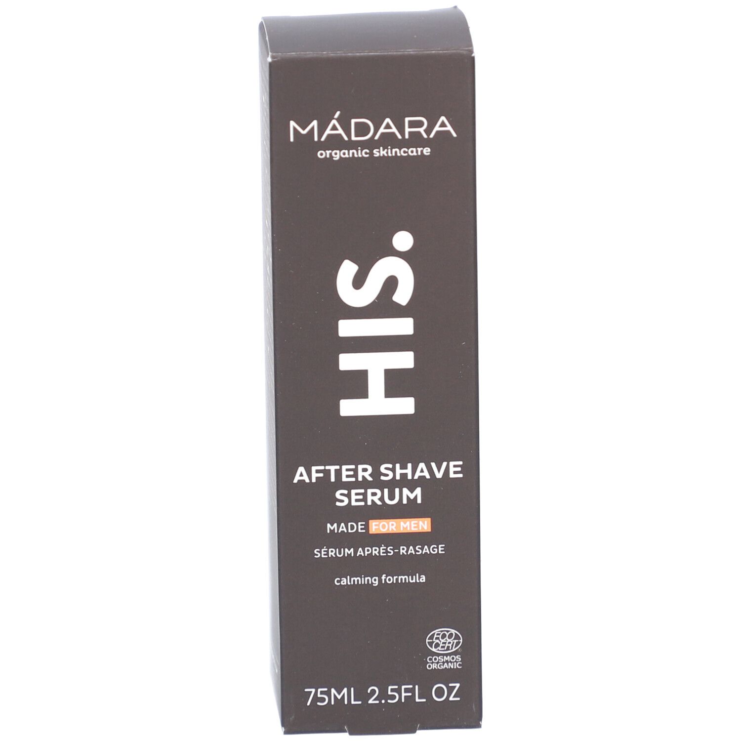 Emballage marron du produit. Inscription : MÁDARA, HIS, After Shave Serum, MADE FOR MEN, COSMOS ORGANIC.