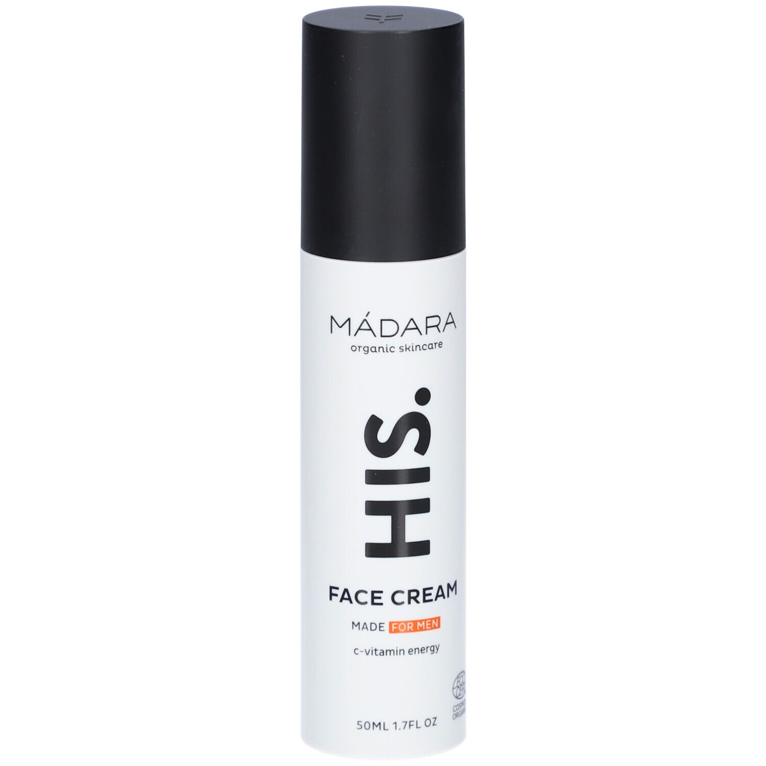 Flacon blanc et noir avec bouchon noir. Inscription : MÁDARA, HIS, FACE CREAM, MADE FOR MEN, c-vitamin energy.