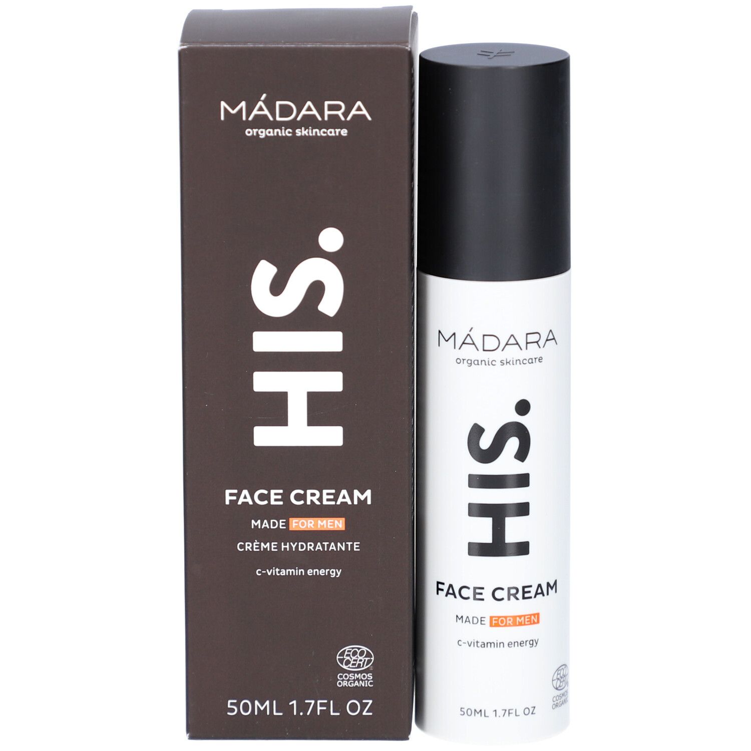 Emballage du produit avec flacon. Inscription : MÁDARA, HIS, FACE CREAM, MADE FOR MEN, c-vitamin energy. Certification.