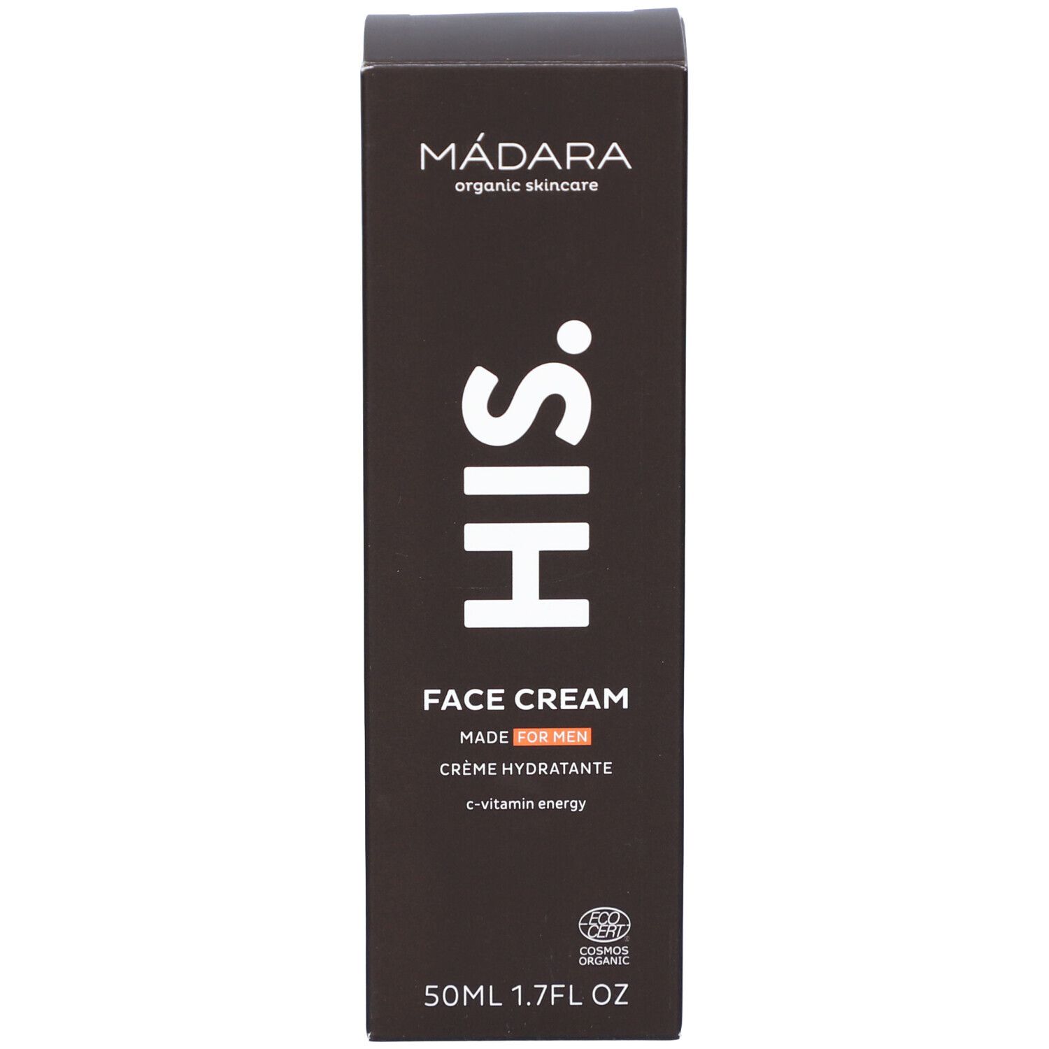 Emballage marron du produit. Inscription : MÁDARA, HIS, FACE CREAM, MADE FOR MEN, c-vitamin energy. Certification.