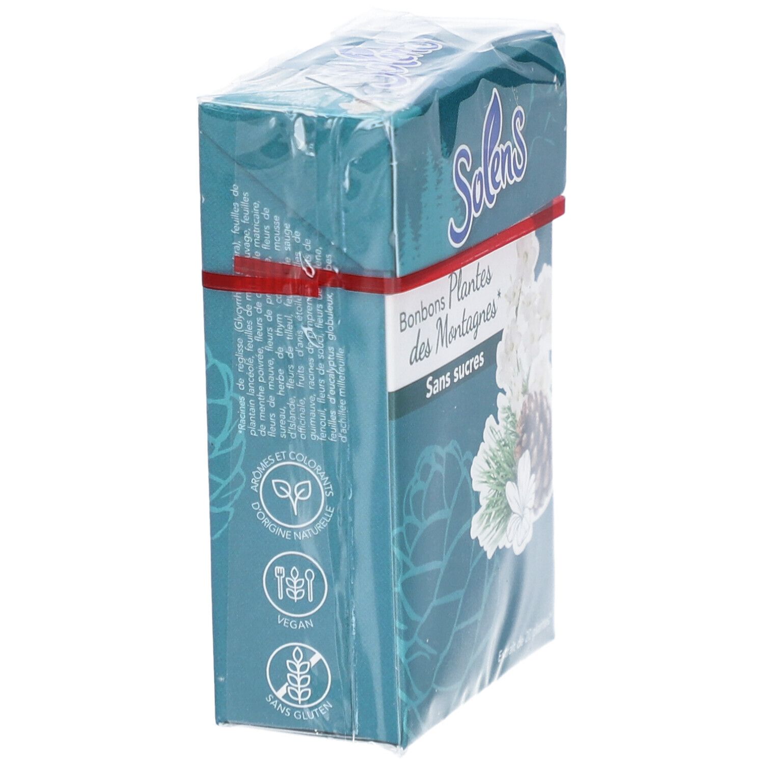 Boîte de bonbons Solens Plantes des Montagnes sans sucres. Logos végétaliens et sans gluten.