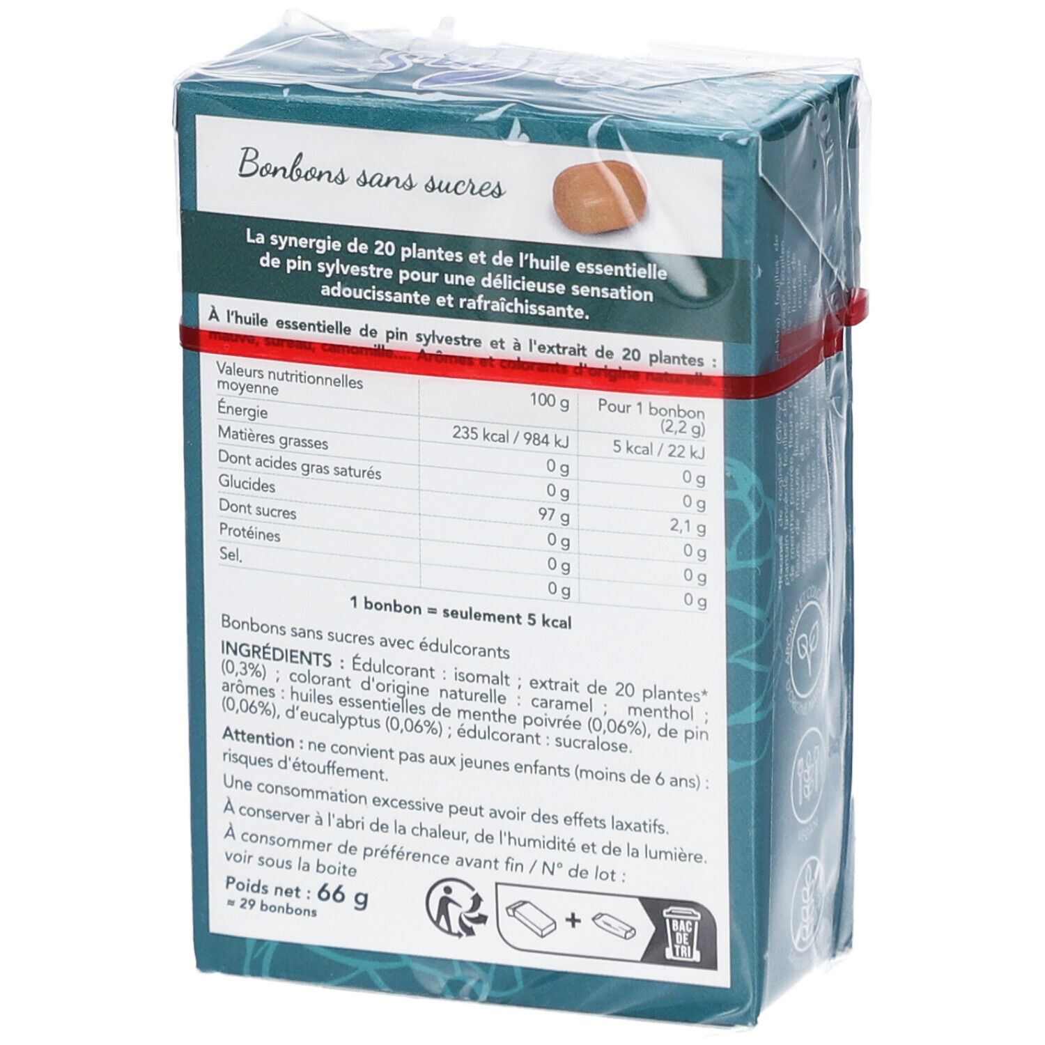 Dos de la boîte de bonbons. Informations nutritionnelles, ingrédients, avertissements. 66g, 29 bonbons.