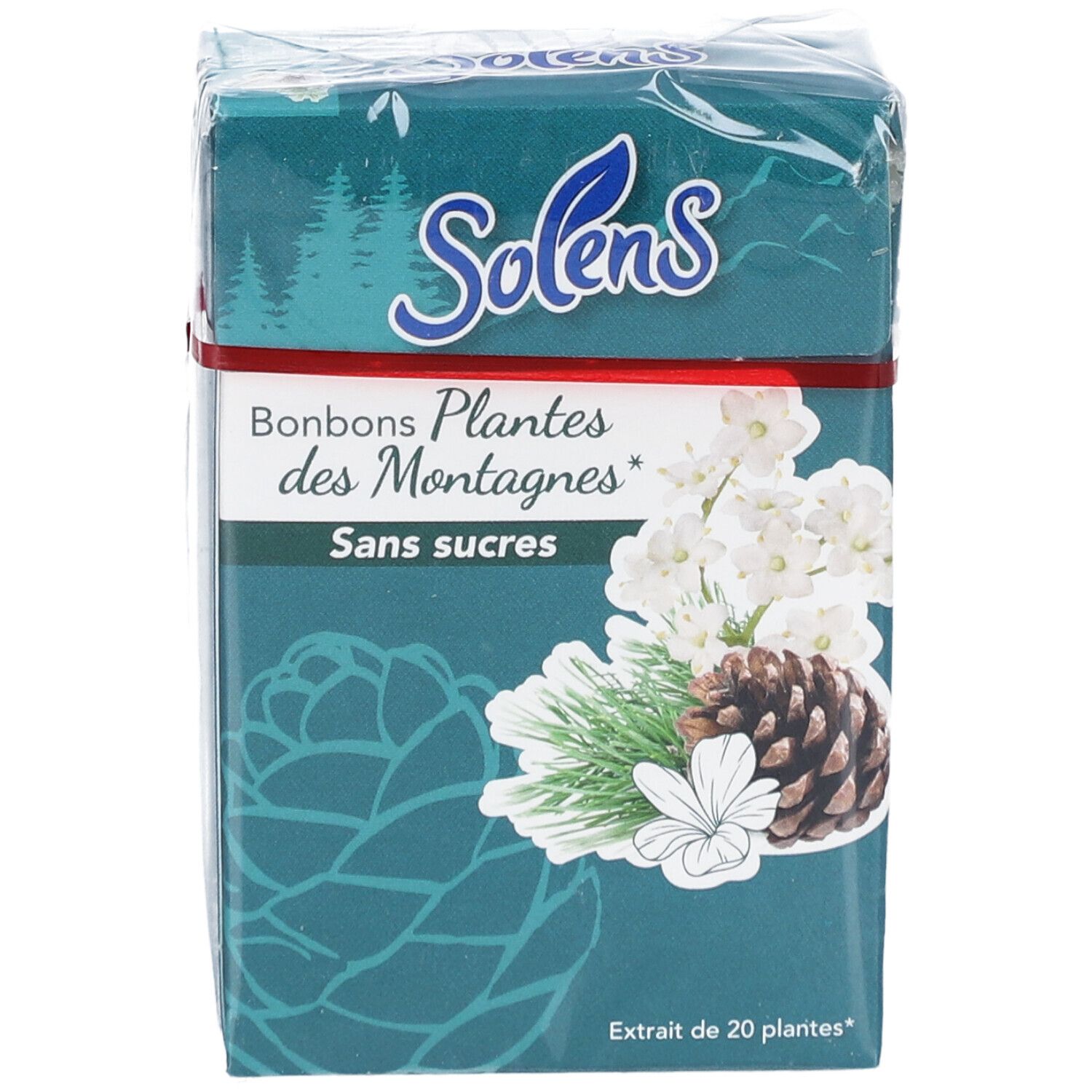 Boîte de bonbons Solens Plantes des Montagnes sans sucres. Illustration de plantes et de cônes de pin.