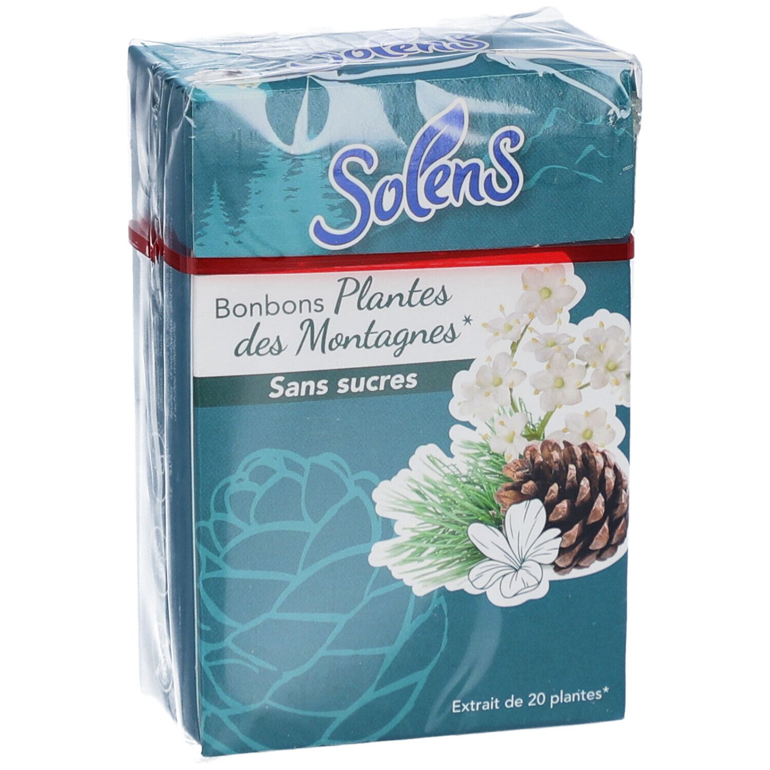 Boîte de bonbons Solens Plantes des Montagnes sans sucres. Illustration de plantes et de cônes de pin.
