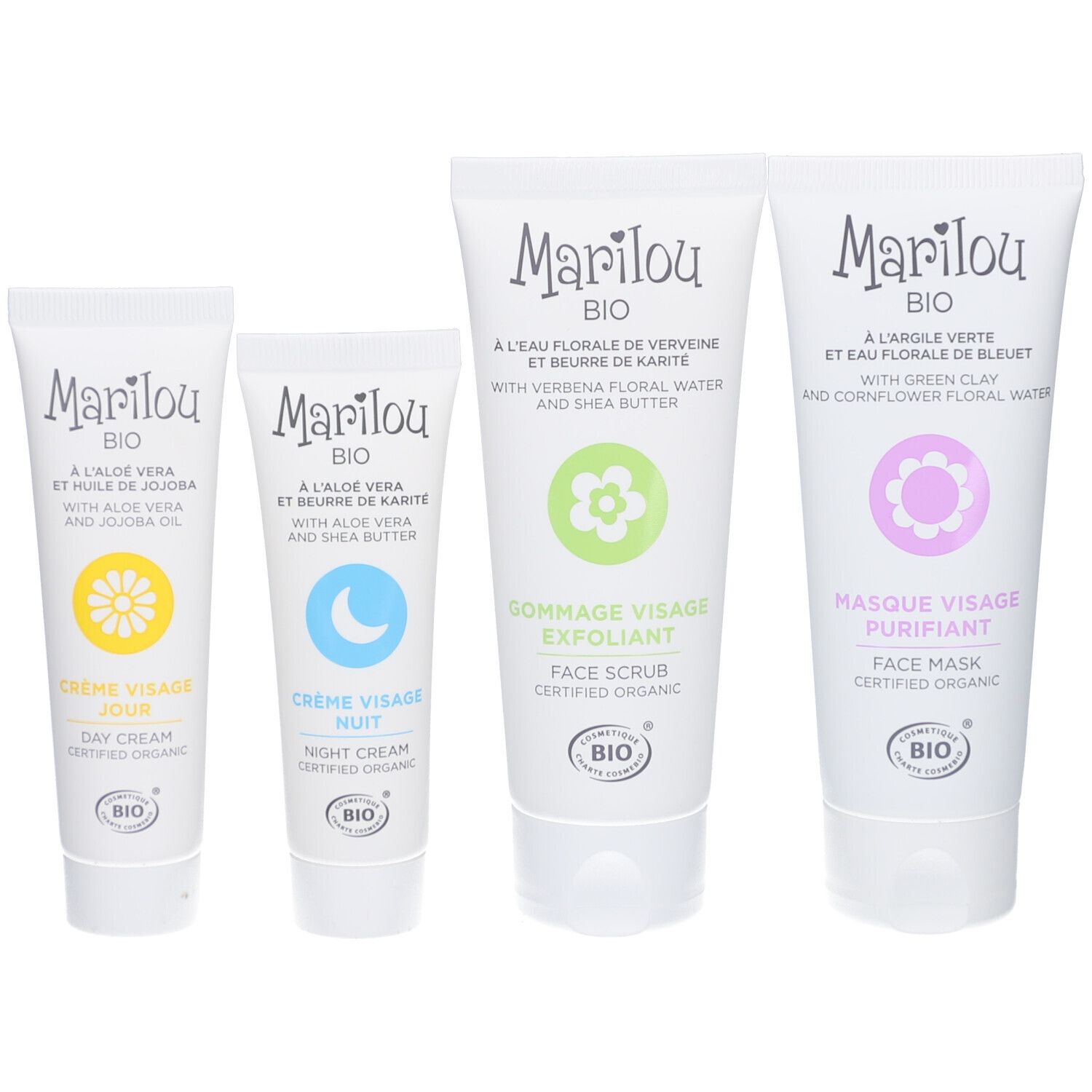 Quatre tubes de soins du visage MARILOU BIO. Crème jour et nuit, gommage et masque. Certifié bio.