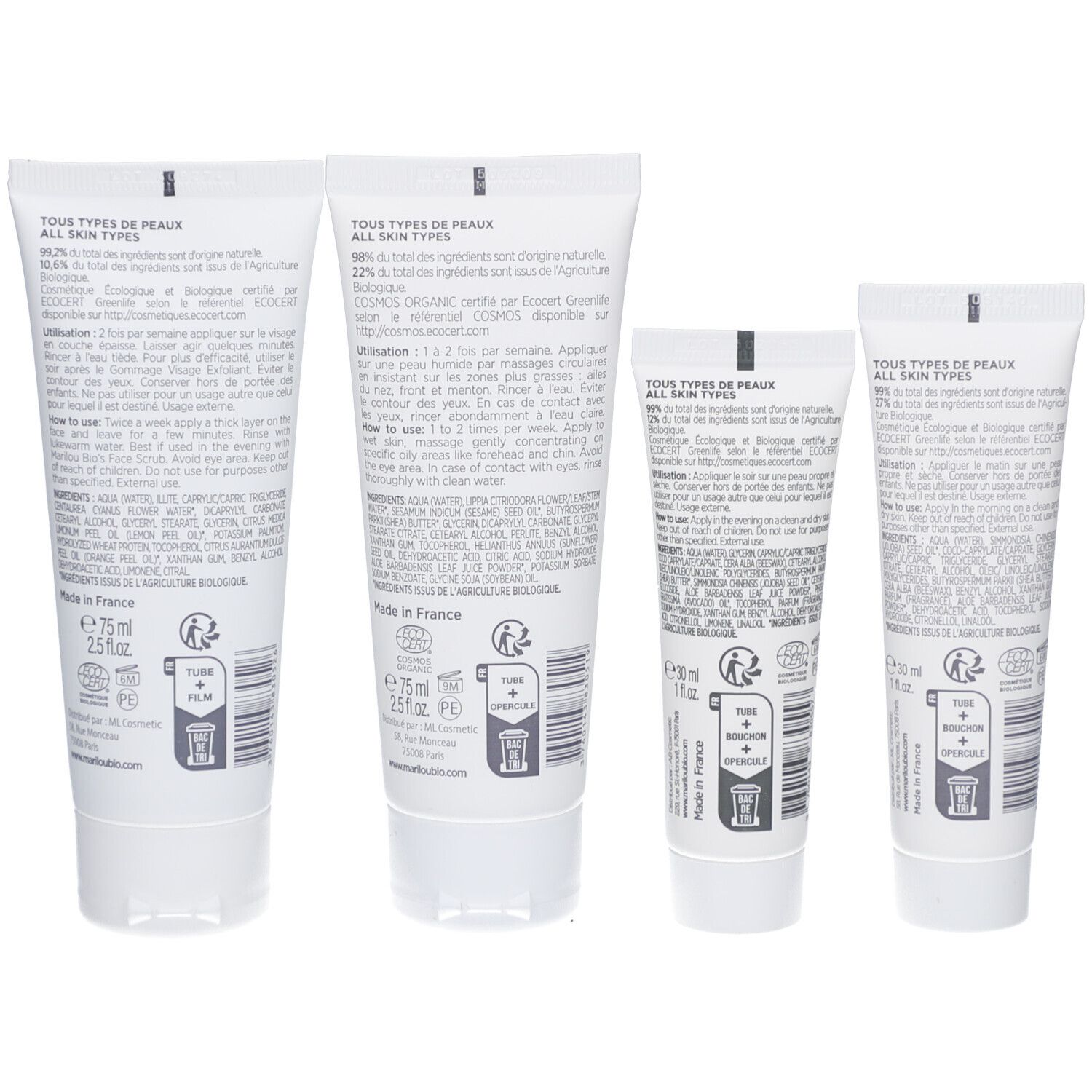 Dos de quatre tubes de soins du visage MARILOU BIO. Texte et logos. Certifié bio.