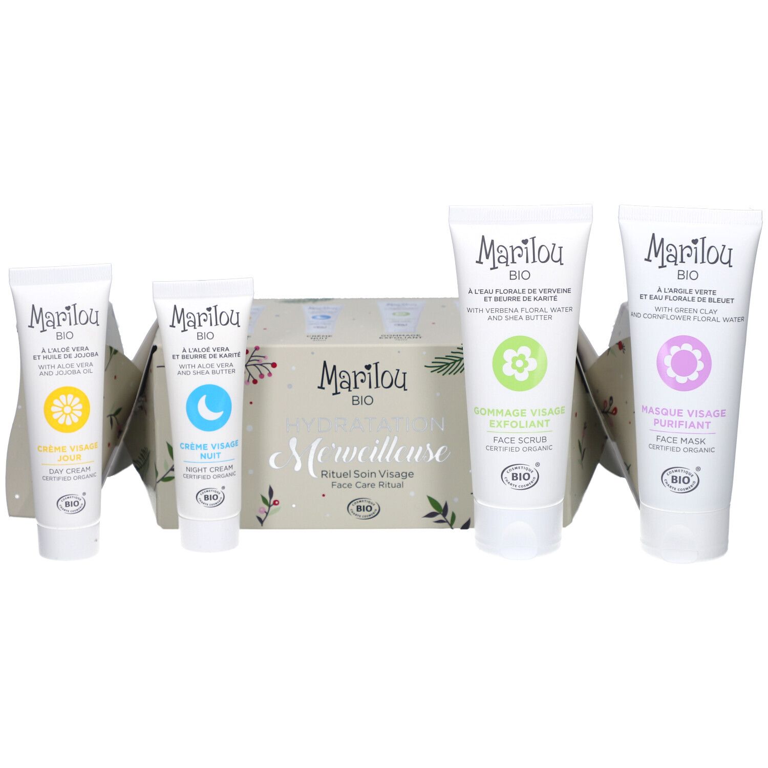 Coffret cadeau avec quatre soins du visage MARILOU BIO. Crème, gommage, masque. 'Hydratation Merveilleuse'.